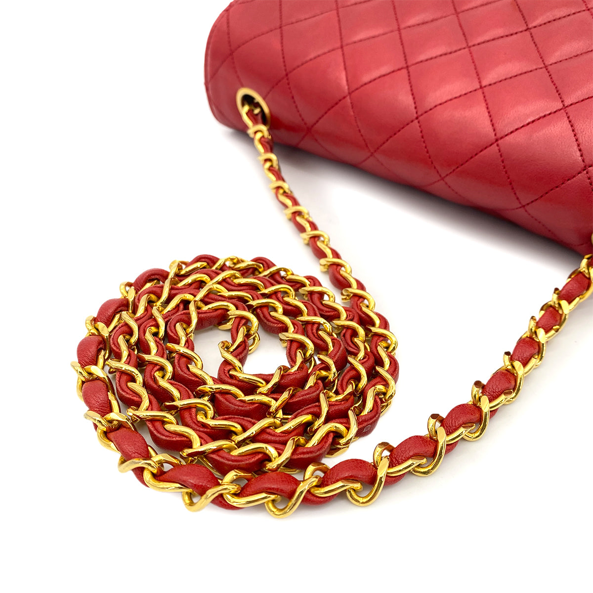 CHANEL VINTAGE HALF MOON CHAIN SHOULDER BAG RED LAMB SKIN 90259121