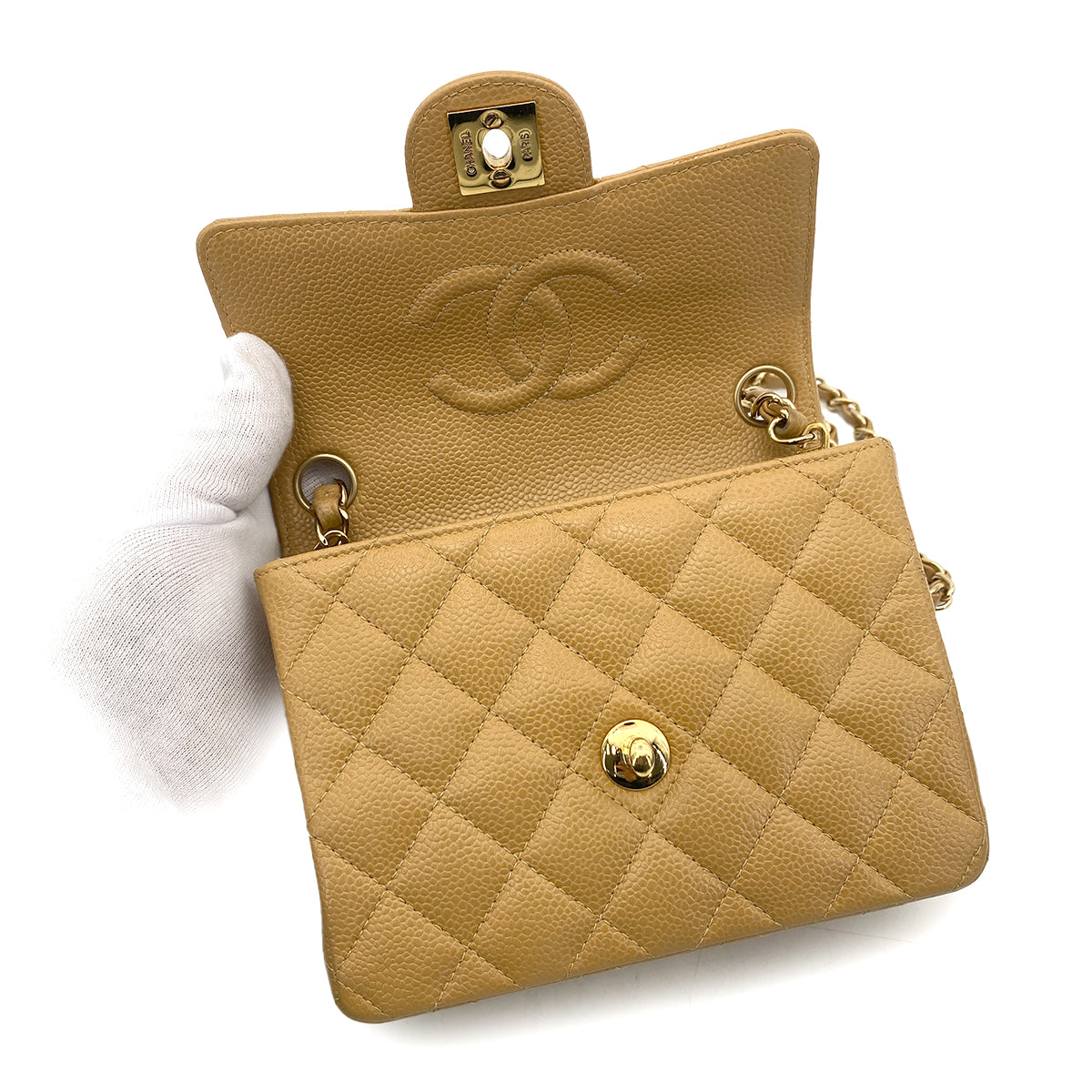 CHANEL VINTAGE MINI SQUARE 17 CHAIN SHOULDER BAG BEIGE CAVIAR SKIN 90259578