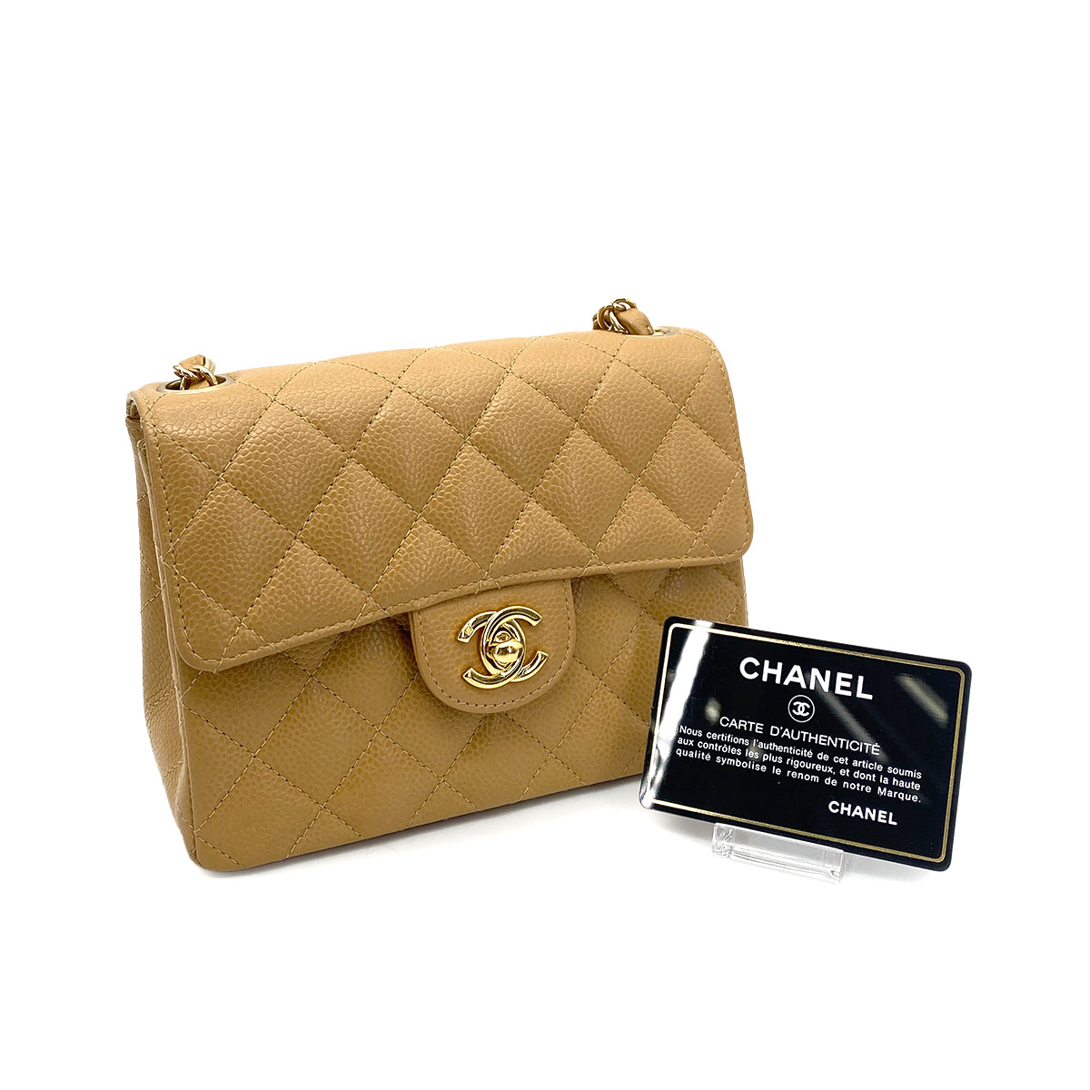 CHANEL VINTAGE MINI SQUARE 17 CHAIN SHOULDER BAG BEIGE CAVIAR SKIN 90259578