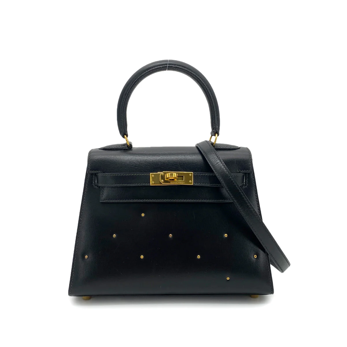 HERMES MINI KELLY 20 BLACK BOXCALF STUDS HAND SHOULDER BAG 〇X GHW 90259869 - PURPOSE