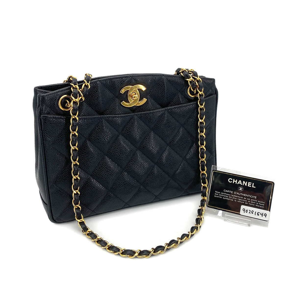 CHANEL VINTAGE MATELASSE CHAIN TOTE BAG BLACK CAVIAR SKIN 90261649