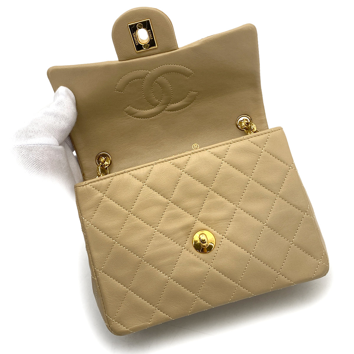 CHANEL VINTAGE BIJOU CHAIN SHOULDER BAG BEIGE LAMB SKIN 90261854