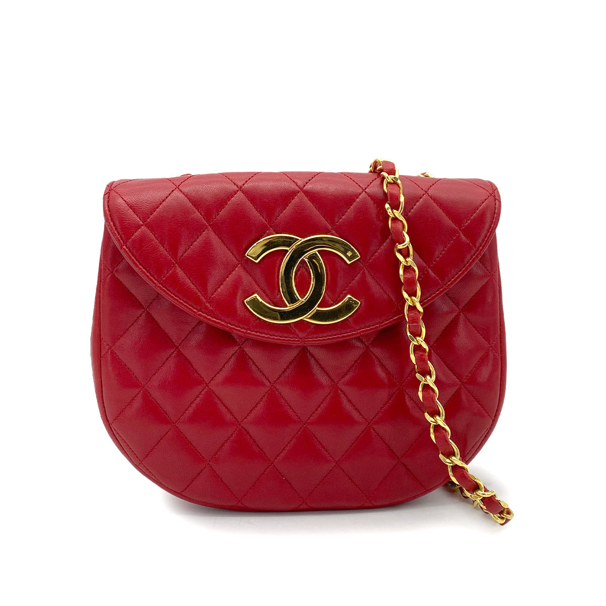 CHANEL VINTAGE BIG COCO MATELASSE CHAIN SHOULDER BAG RED LAMB SKIN 90263315