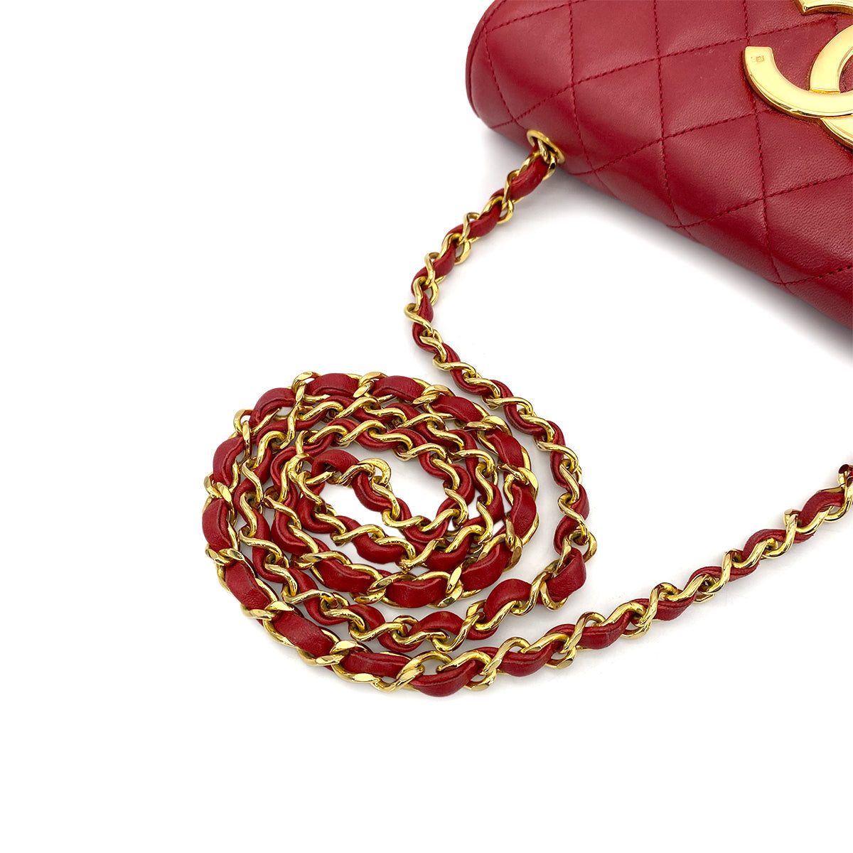 CHANEL VINTAGE BIG COCO MATELASSE CHAIN SHOULDER BAG RED LAMB SKIN 90263315