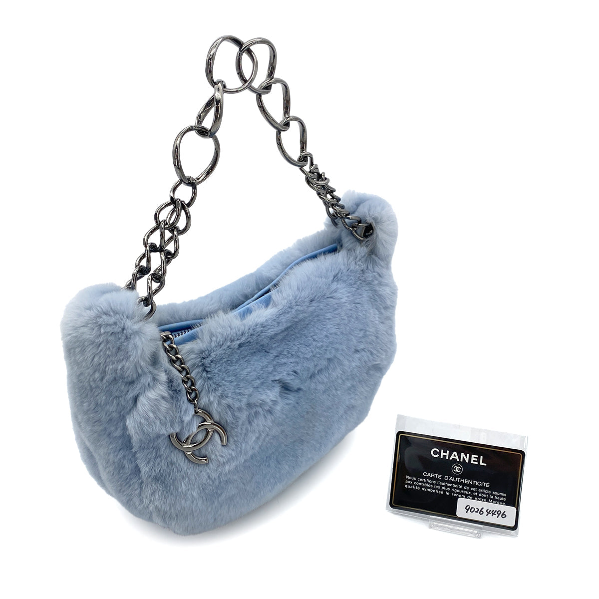 CHANEL VINTAGE CHAINHAND BAG LIGHT BLUE RABBIT FUR 90264496