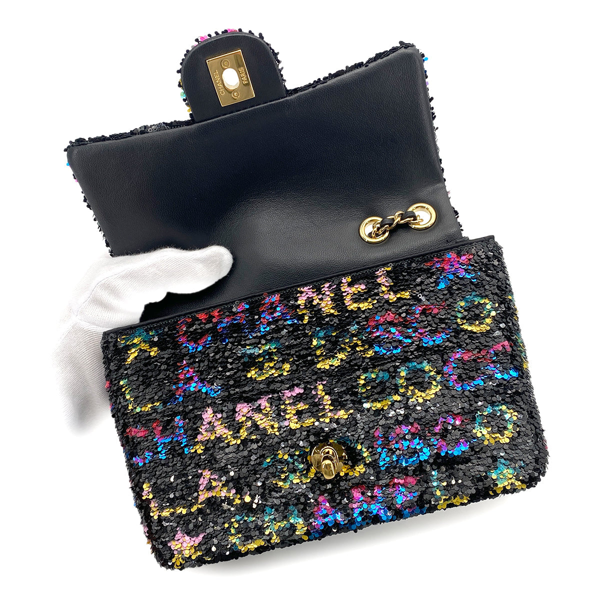 CHANEL MINI CHAIN SHOULDER BAG BLACK MULTICOLOR SEQUINS 90264522