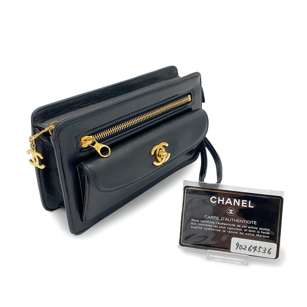 CHANEL VINTAGE CLUTCH BAG TURN LOCK BLACK LAMB SKIN 90264536