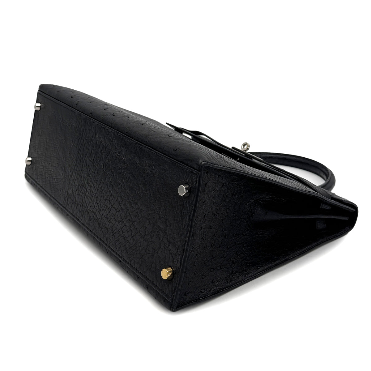 HERMES KELLY 35 SELLIER BLACK OSTRICH HAND SHOULDER BAG 1999 SQUARE C SILVER HARDWARE 90316160