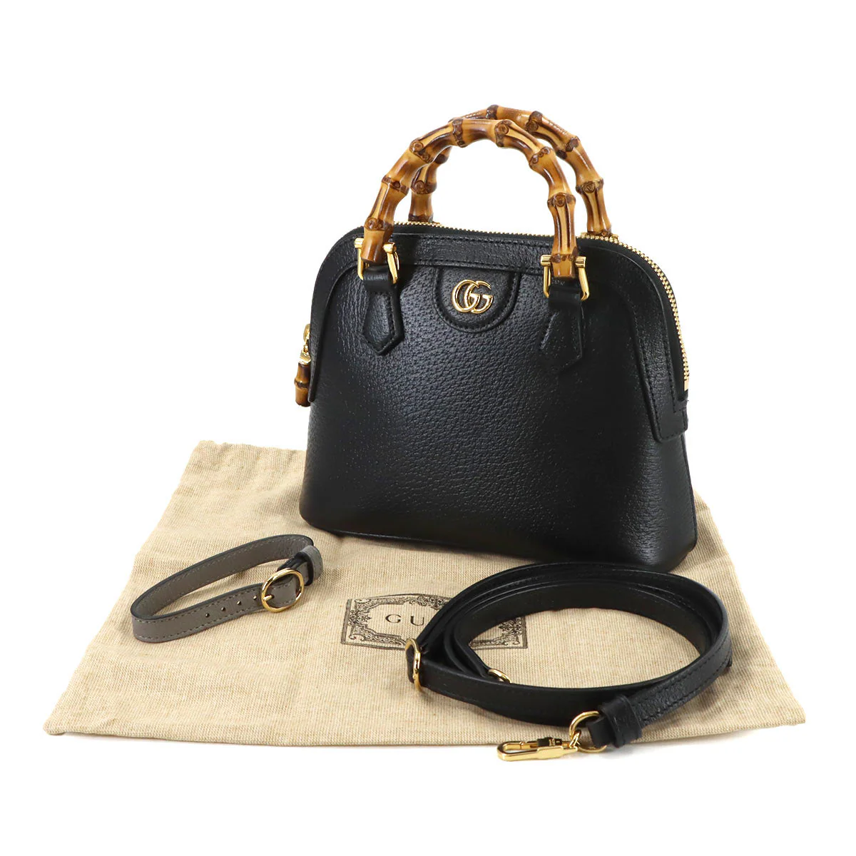 GUCCI Diana Mini 2-way Hand/Shoulder Bag, Leather, Bamboo, Black, 715775, Gucci 90320672