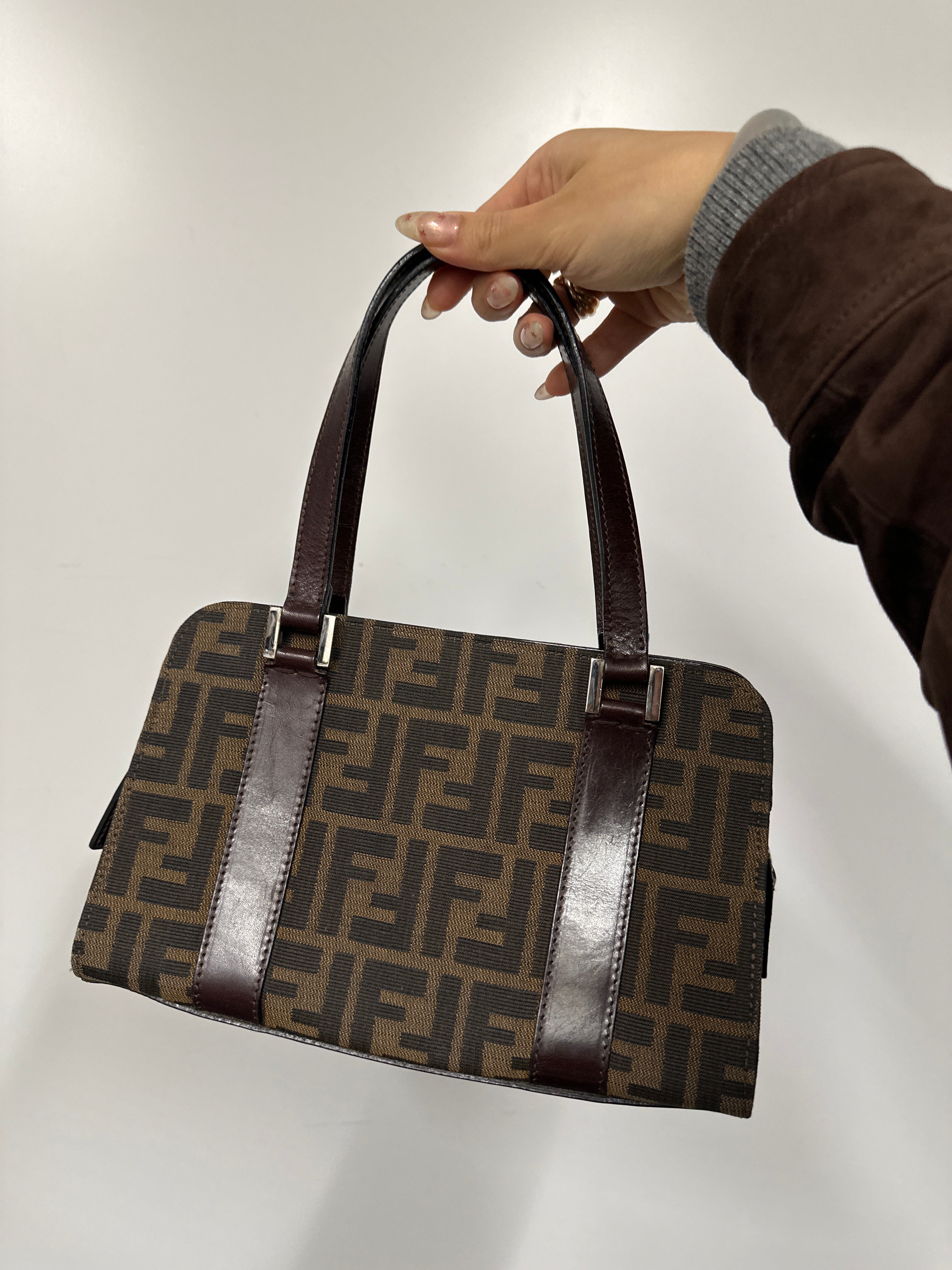 FENDI Canvas×Leather Brown Zucca Hand Bag B1031LA4A6