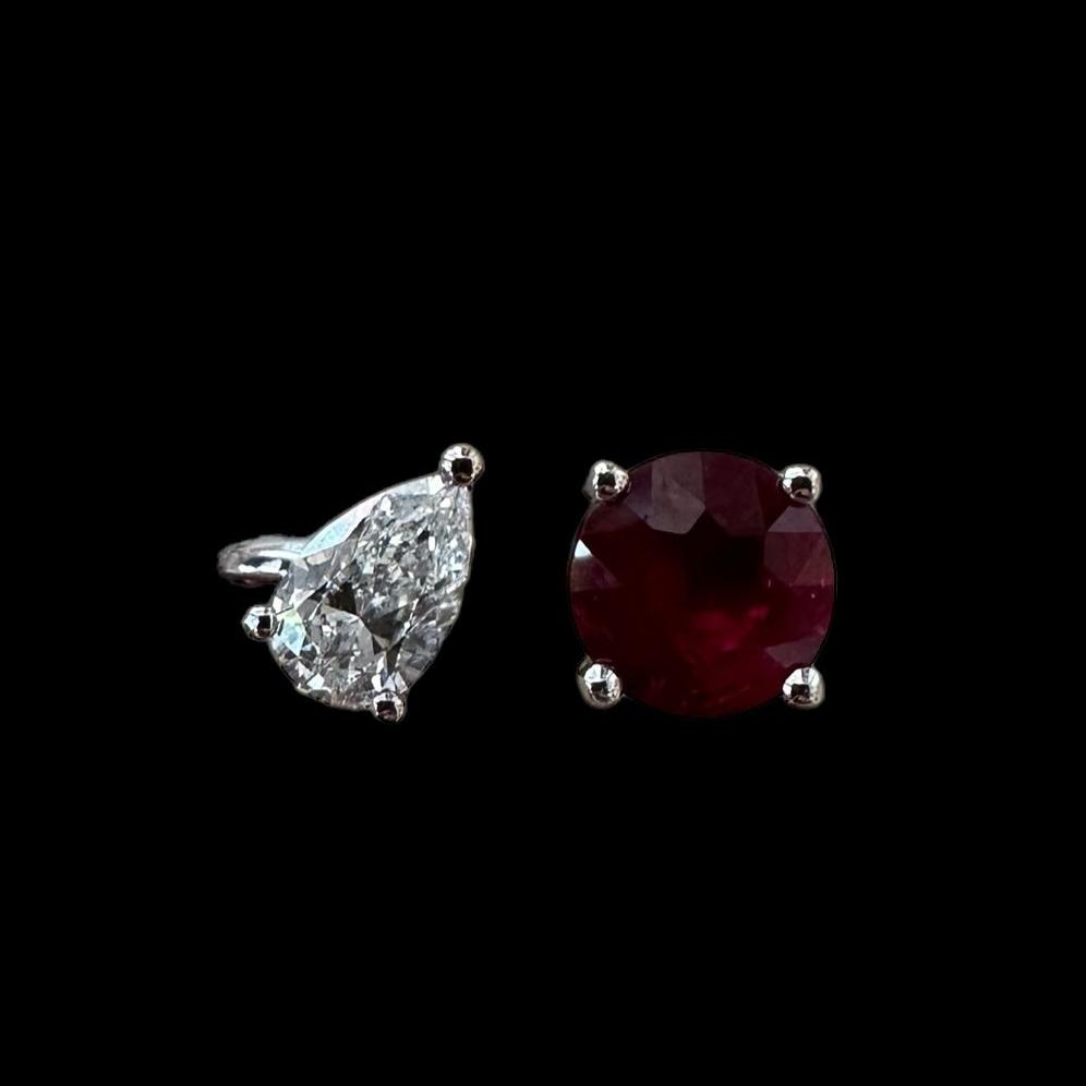 0.77ct "Pigeon Blood" Burmese Ruby with 0.27ct Pear Cut Diamond Ring set in 18K White Gold