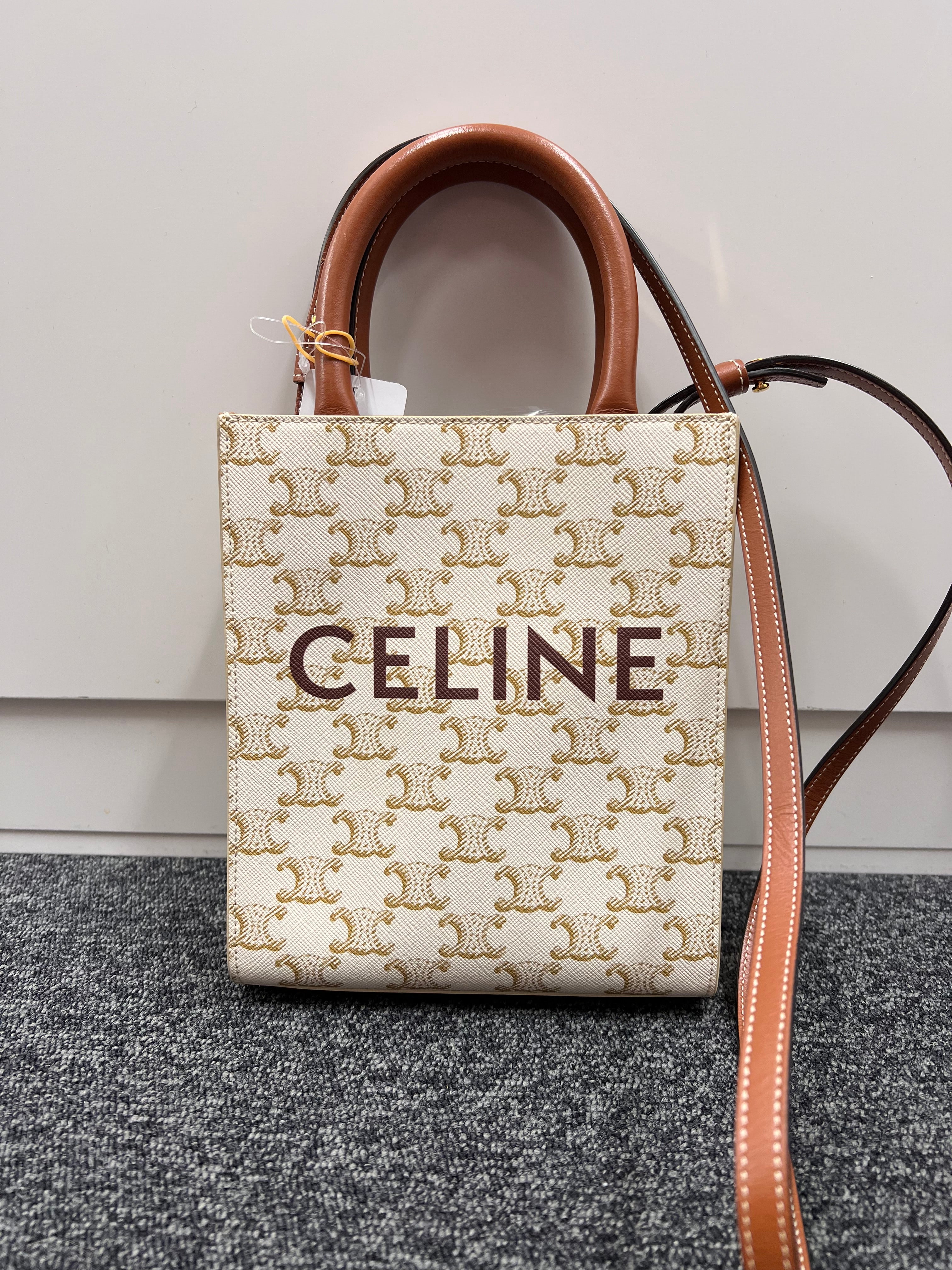 CELINE Vertical Cabas Mini 2 Way Shoulder Bag Cream/Brown Canvas B10113TZWA