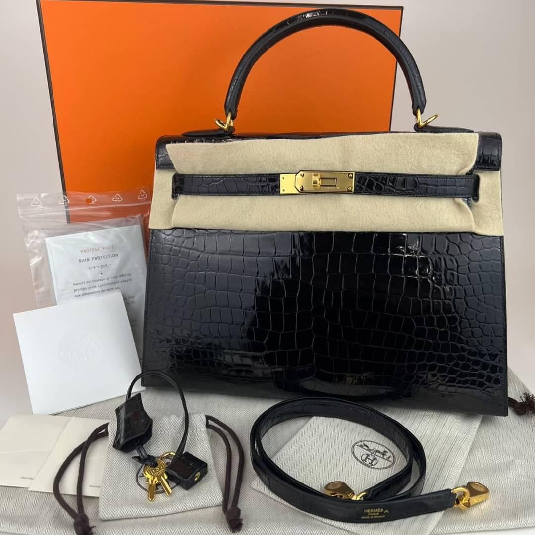 Hermes Kelly 32 Sellier Black Shiny Alligator GHW #D SKCB-091228