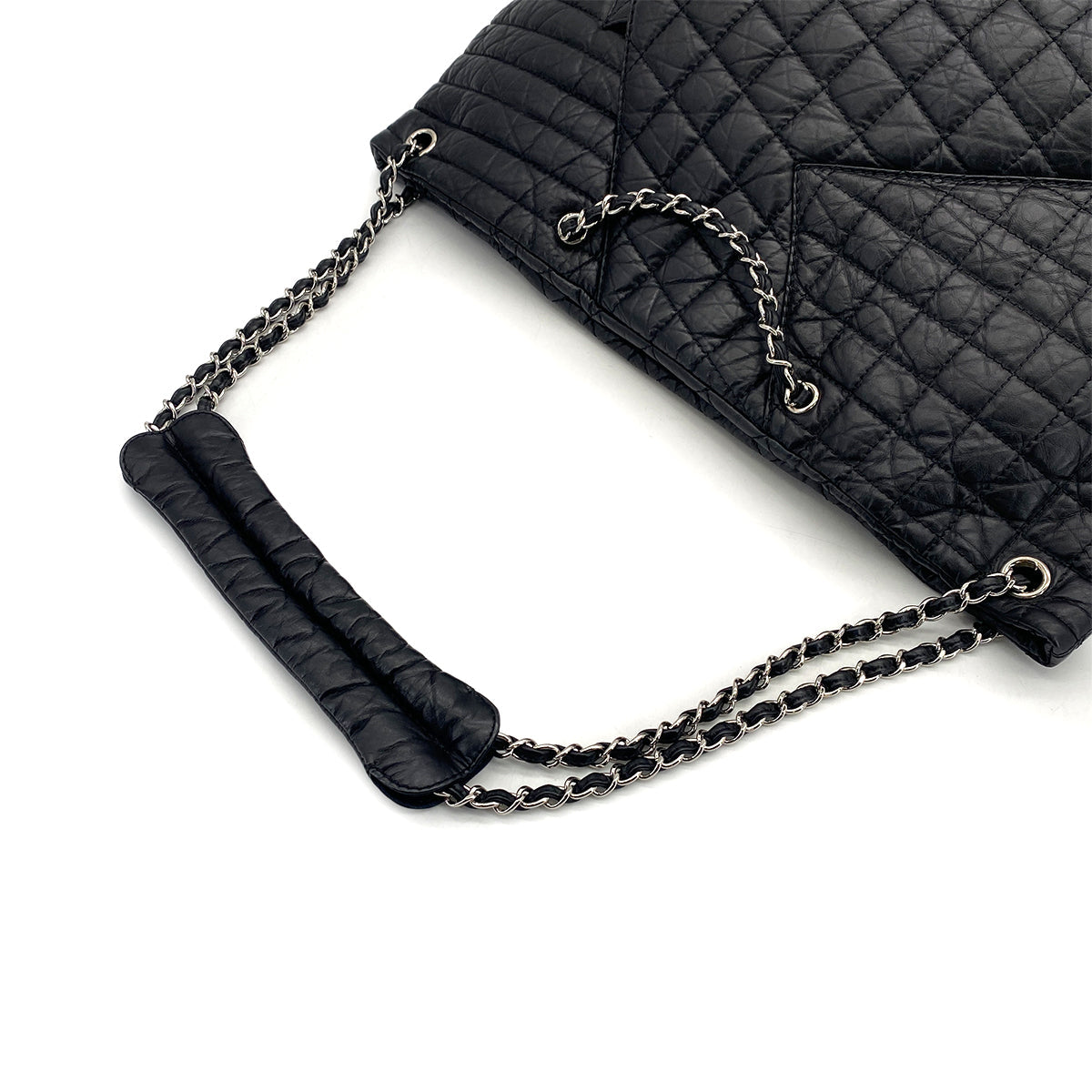 CHANEL 2.55 MATELASSE CHAIN HAND SHOULDER BAG BLACK LEATHER SILVER HARDWARE 90322777