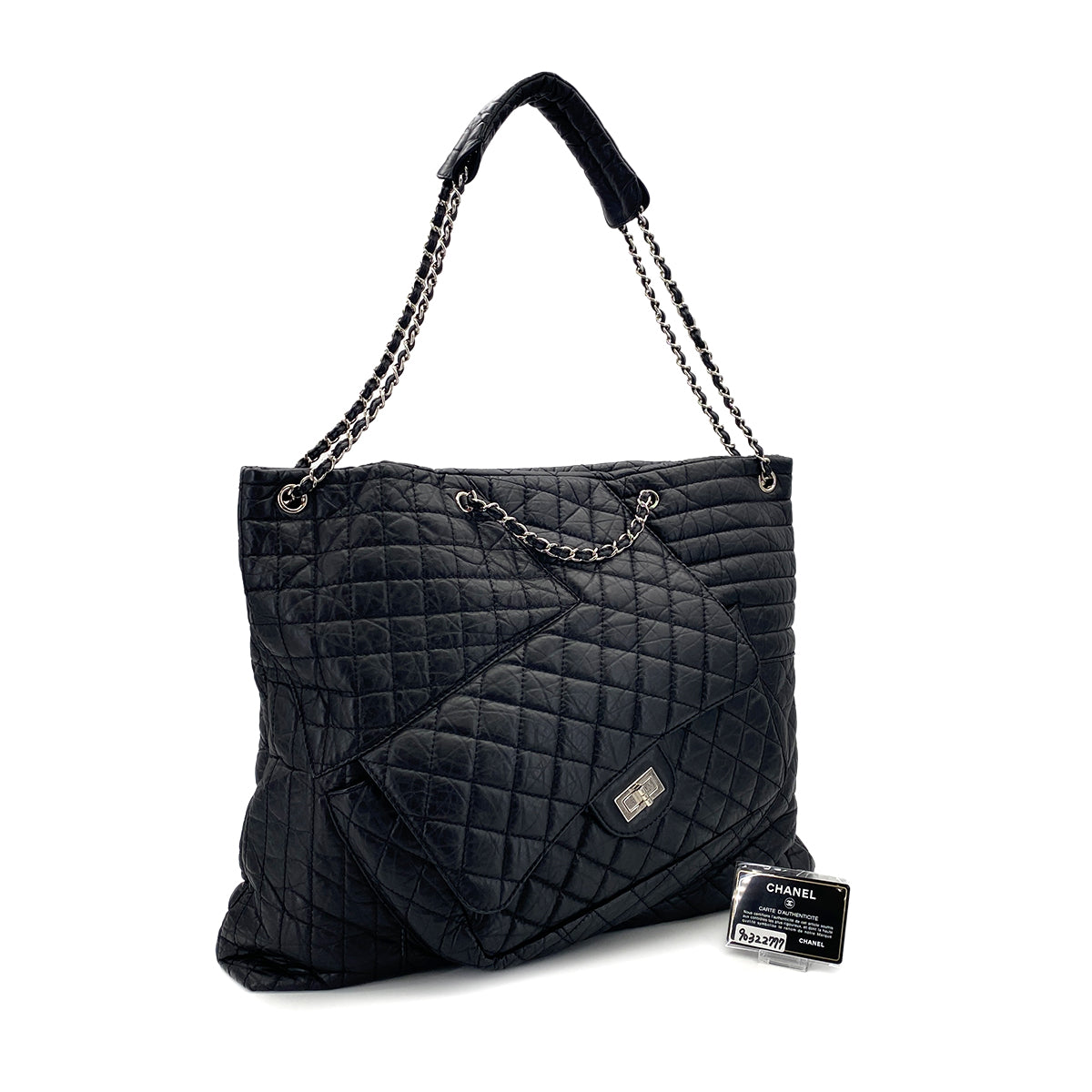 CHANEL 2.55 MATELASSE CHAIN HAND SHOULDER BAG BLACK LEATHER SILVER HARDWARE 90322777