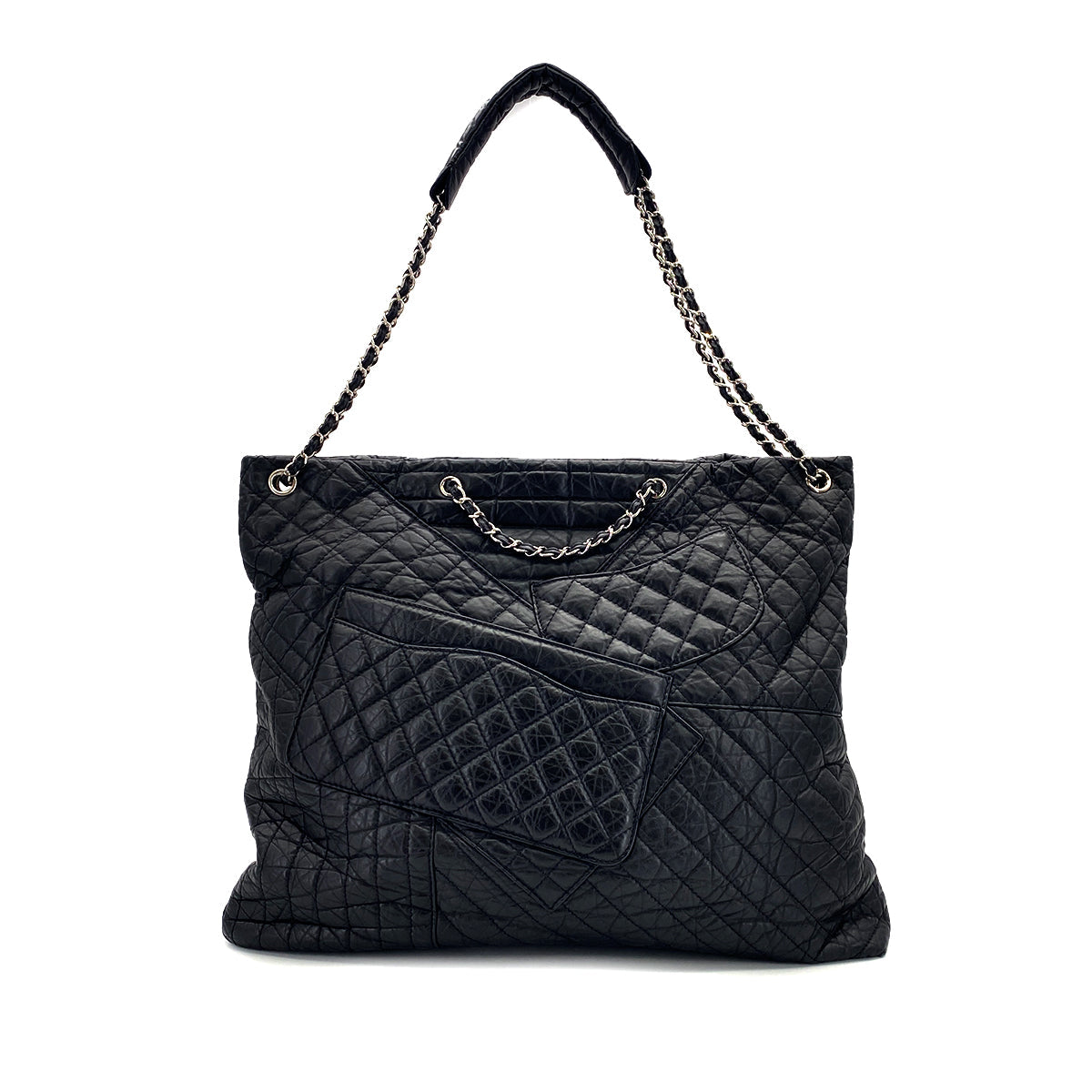 CHANEL 2.55 MATELASSE CHAIN HAND SHOULDER BAG BLACK LEATHER SILVER HARDWARE 90322777