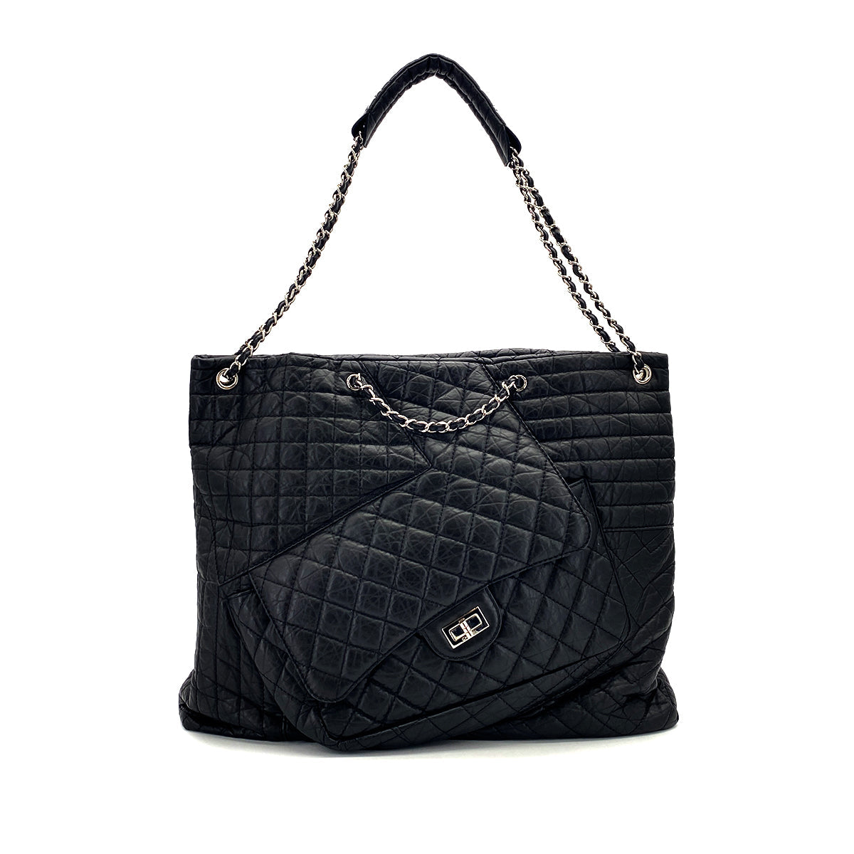 CHANEL 2.55 MATELASSE CHAIN HAND SHOULDER BAG BLACK LEATHER SILVER HARDWARE 90322777