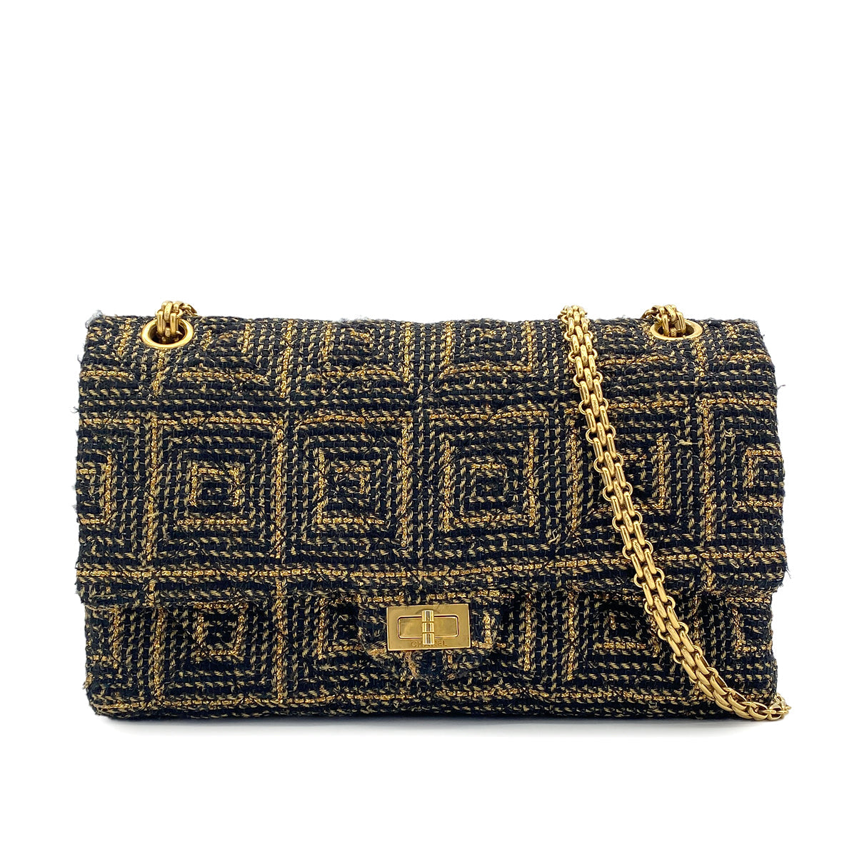 CHANEL 2.55 CHAIN SHOULDER BAG BLACK GOLD TWEED GOLD HARDWARE 90321633