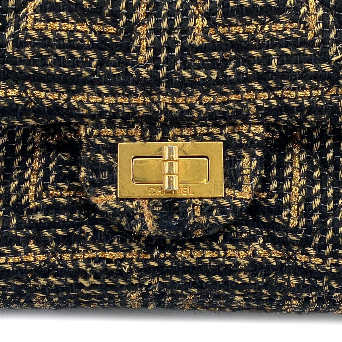 CHANEL 2.55 CHAIN SHOULDER BAG BLACK GOLD TWEED GOLD HARDWARE 90321633