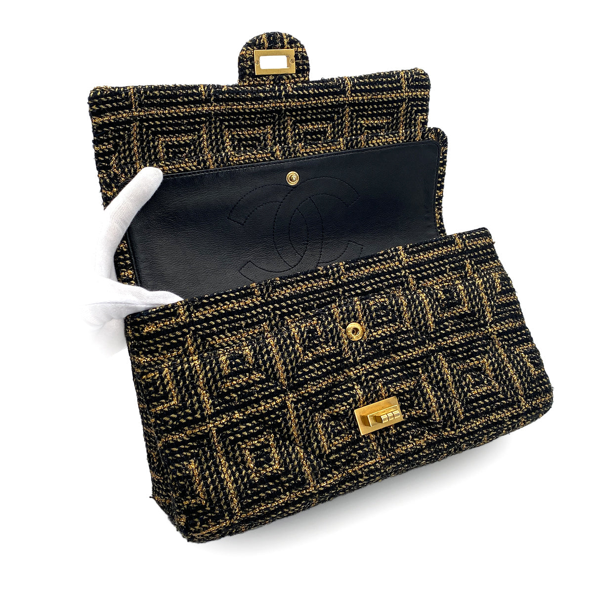 CHANEL 2.55 CHAIN SHOULDER BAG BLACK GOLD TWEED GOLD HARDWARE 90321633