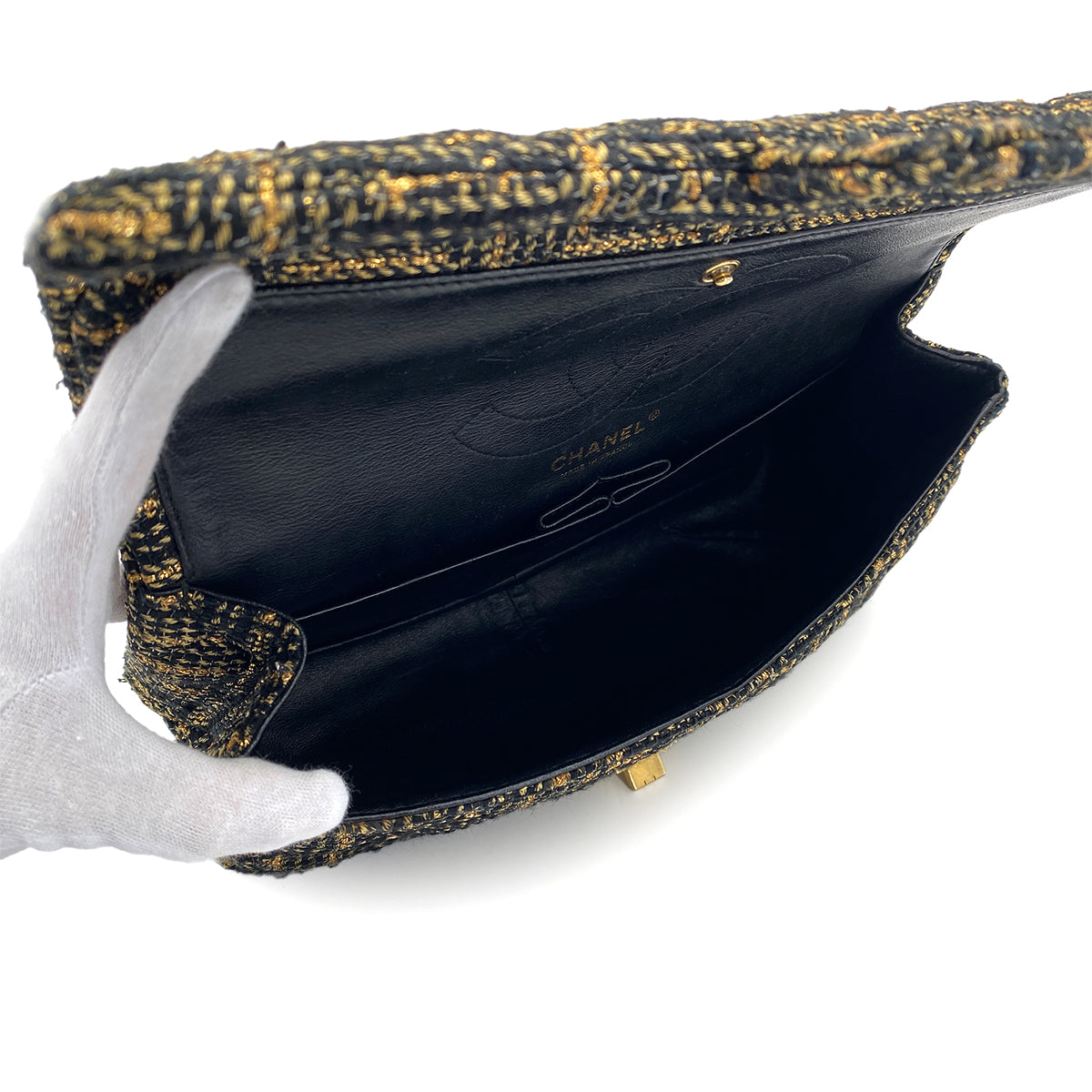 CHANEL 2.55 CHAIN SHOULDER BAG BLACK GOLD TWEED GOLD HARDWARE 90321633