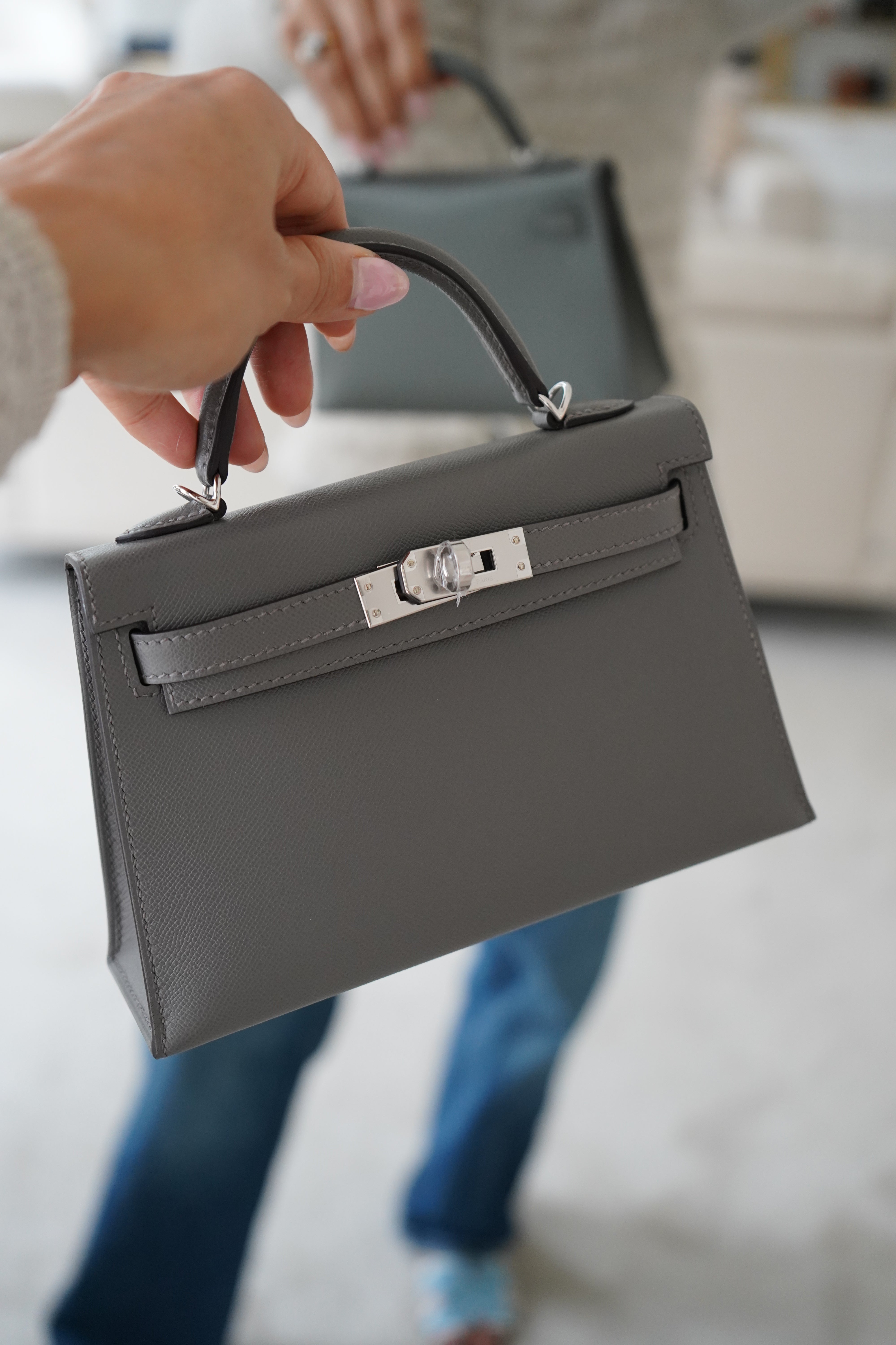 HERMÈS MINI KELLY II 20CM GRIS MEYER Madame Leather with Palladium Hardware