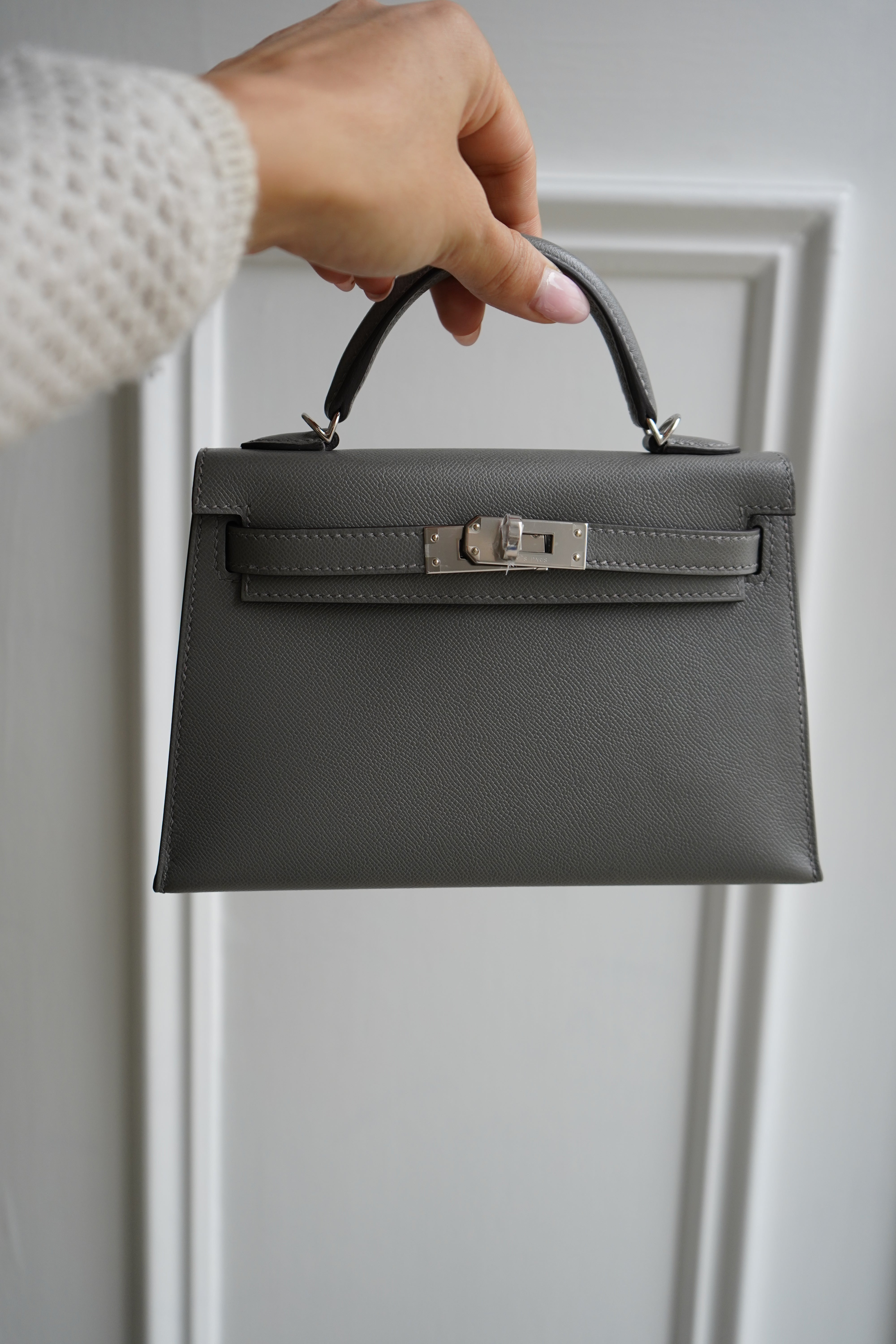 HERMÈS MINI KELLY II 20CM GRIS MEYER Madame Leather with Palladium Hardware