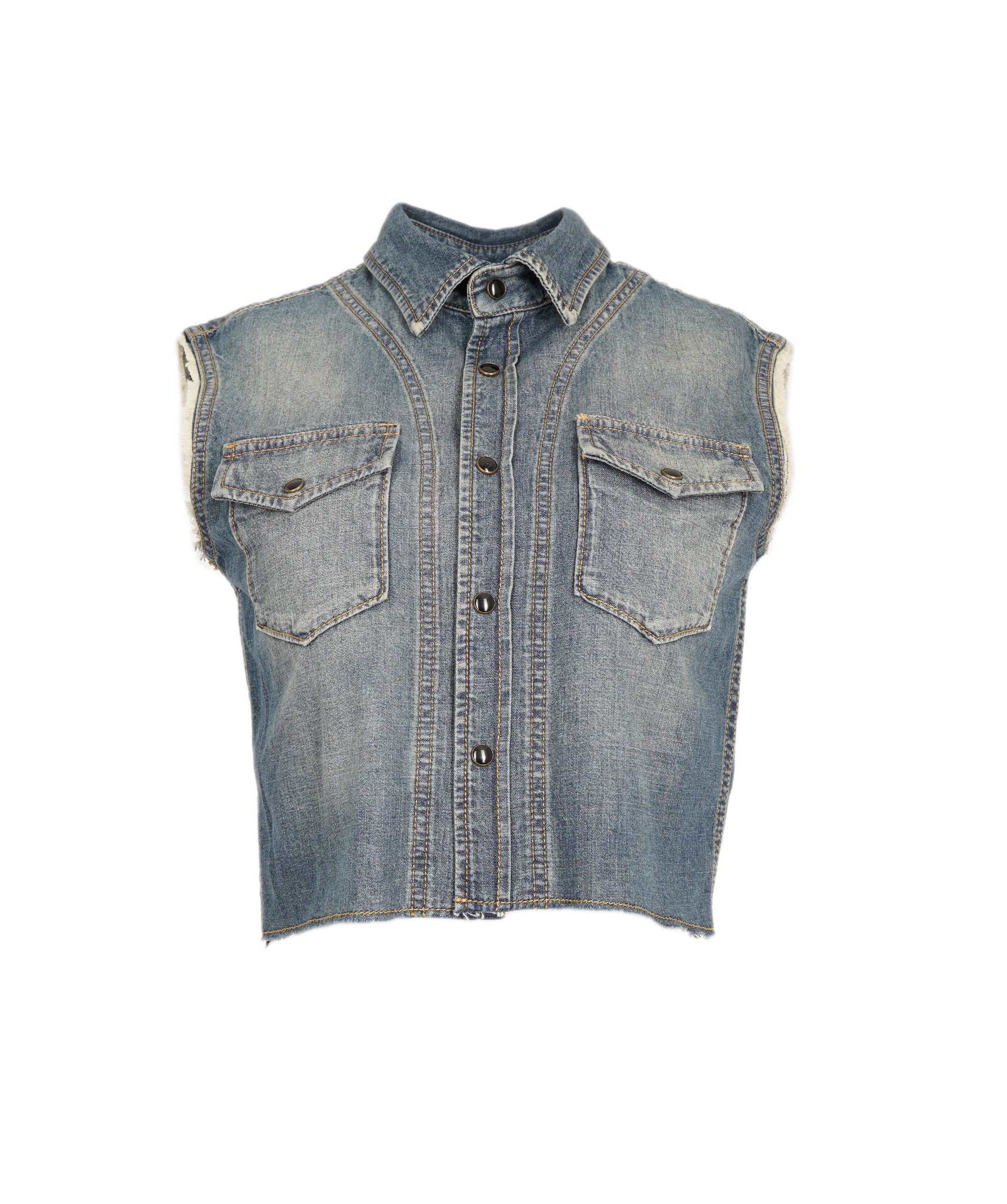 Saint Laurent 2021 Blue Denim Raw Hem Sleeveless Cropped Shirt ALC2006