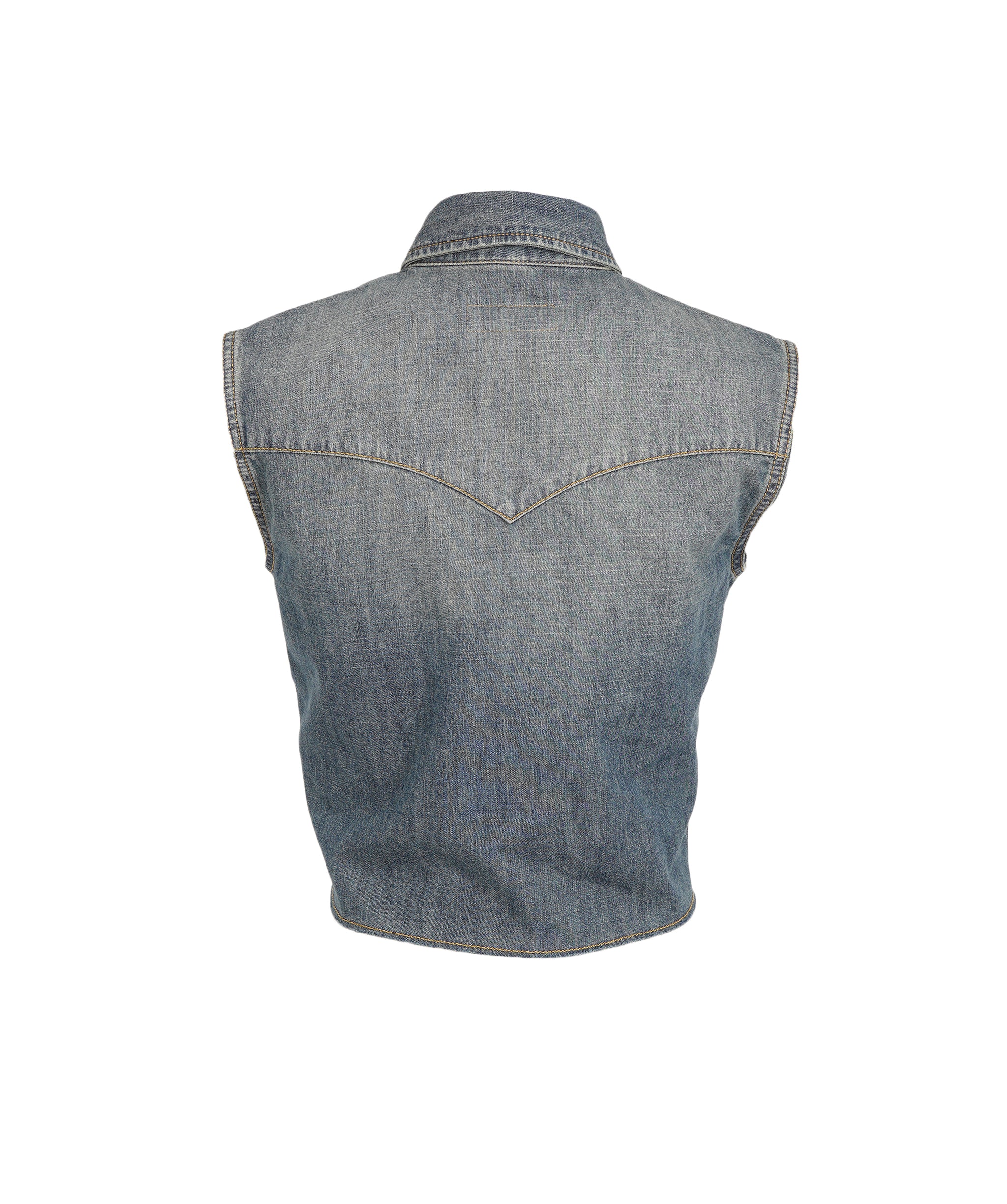 Saint Laurent 2021 Blue Denim Raw Hem Sleeveless Cropped Shirt ALC2006