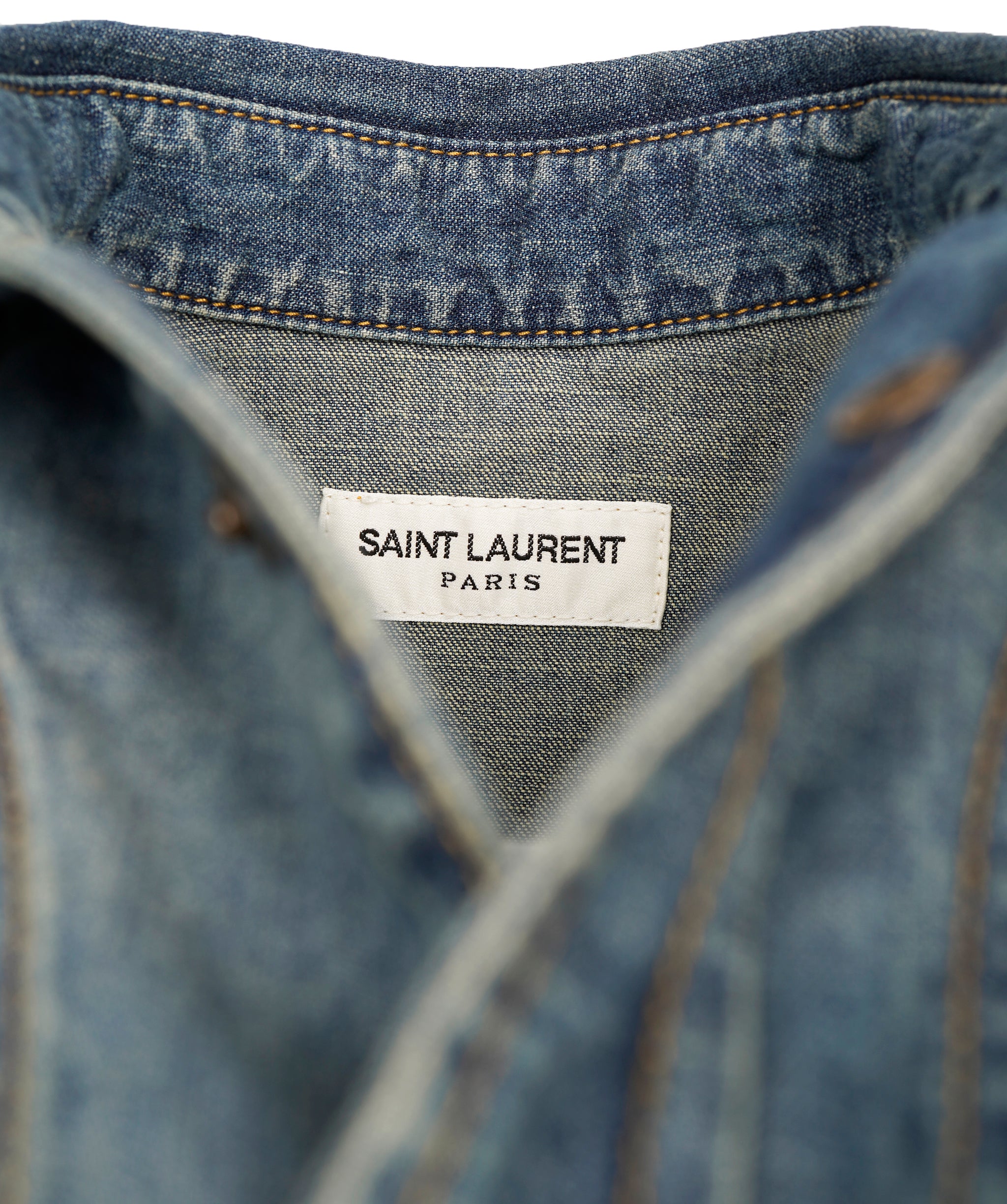 Saint Laurent 2021 Blue Denim Raw Hem Sleeveless Cropped Shirt ALC2006