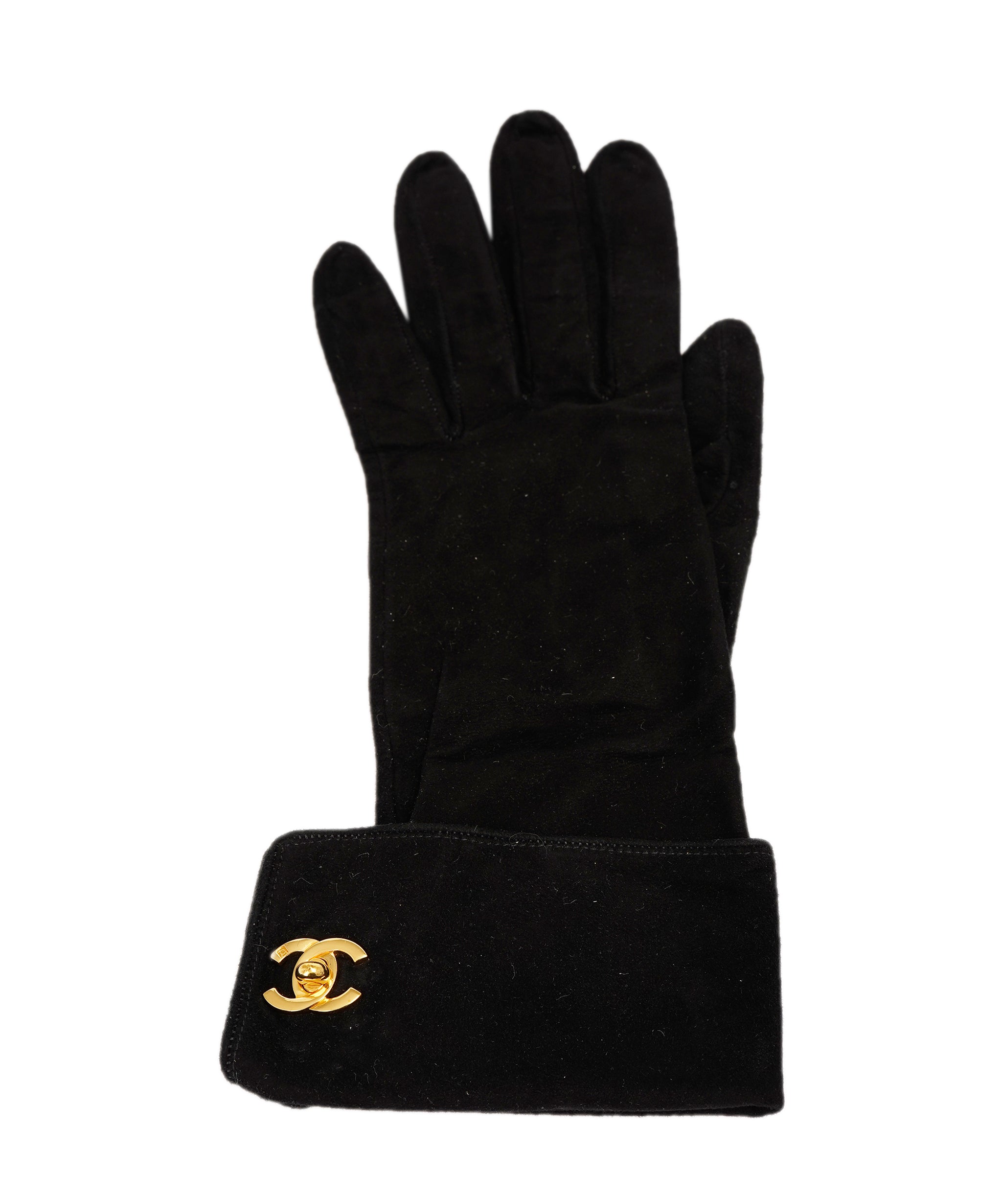 CHANEL COCO Mark Gloves Suede Black Gold CC Auth am2319sA DBXS1765