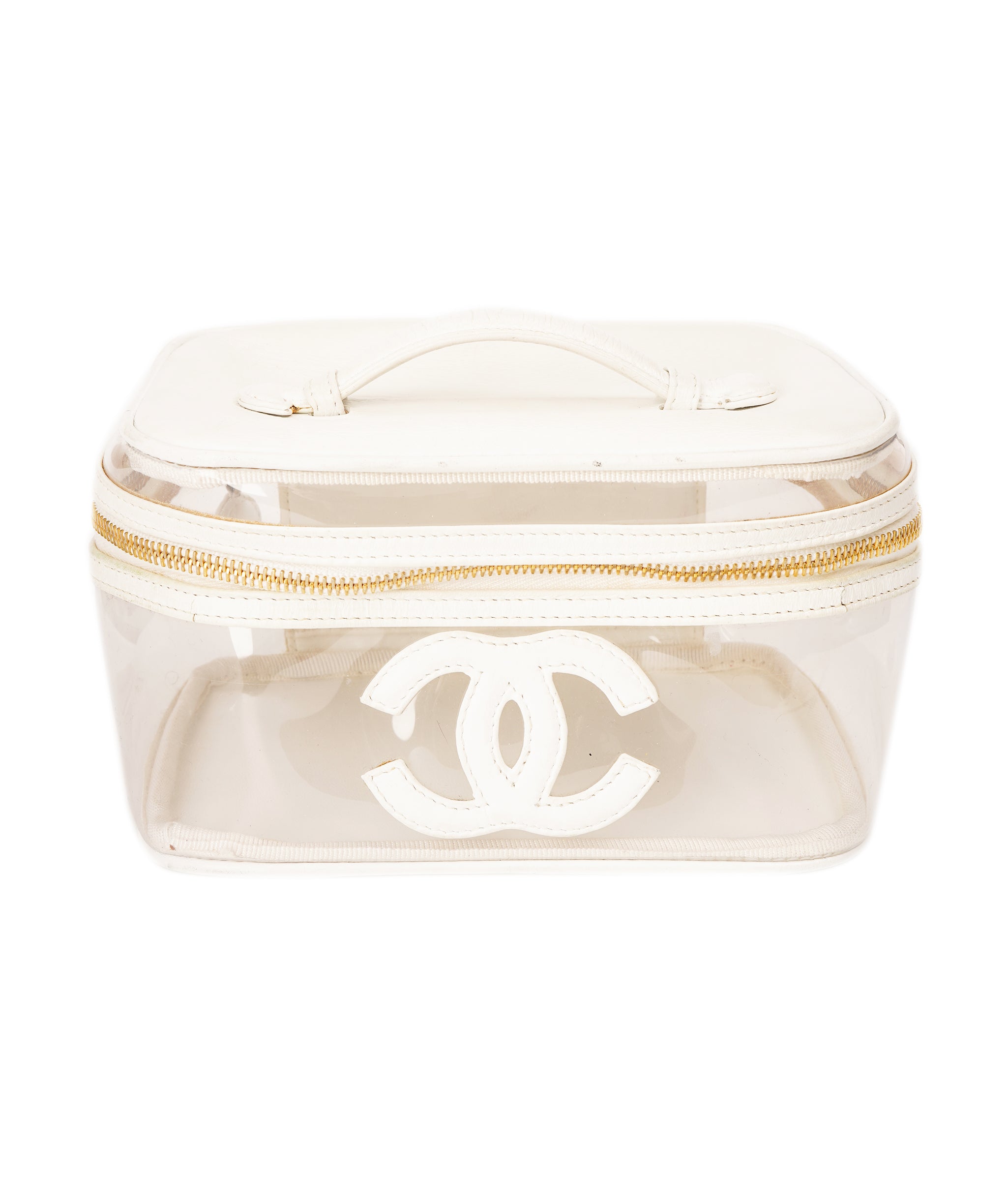 CHANEL COCO Mark Vanity Pouch Vinyl Clear Gold CC Auth yk14951 DBXS1634