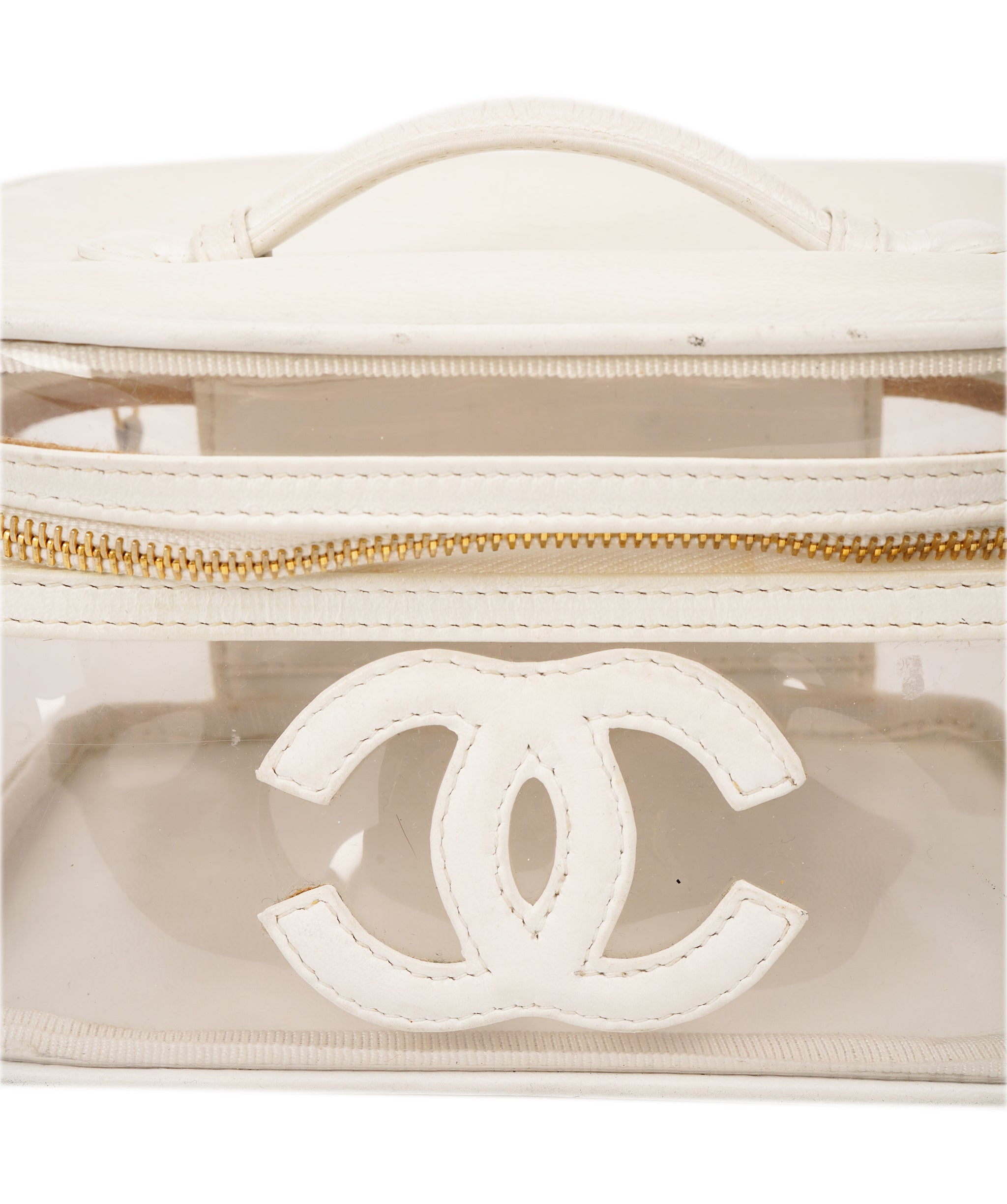 CHANEL COCO Mark Vanity Pouch Vinyl Clear Gold CC Auth yk14951 DBXS1634