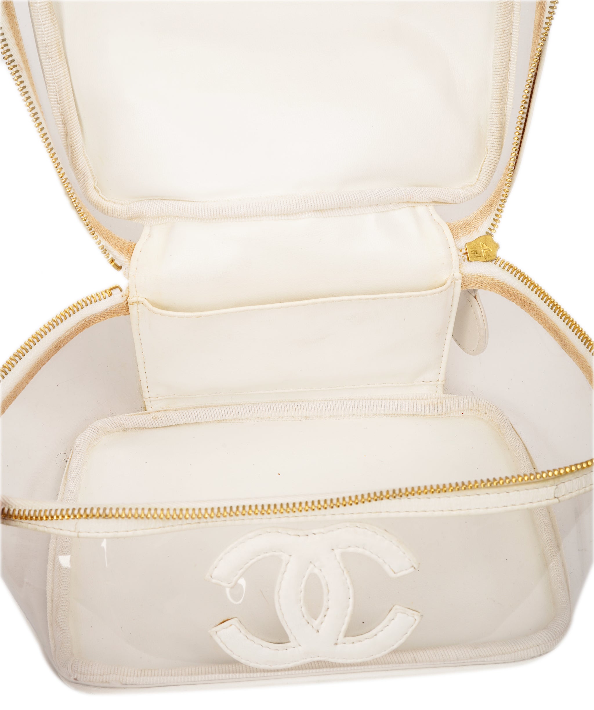 CHANEL COCO Mark Vanity Pouch Vinyl Clear Gold CC Auth yk14951 DBXS1634