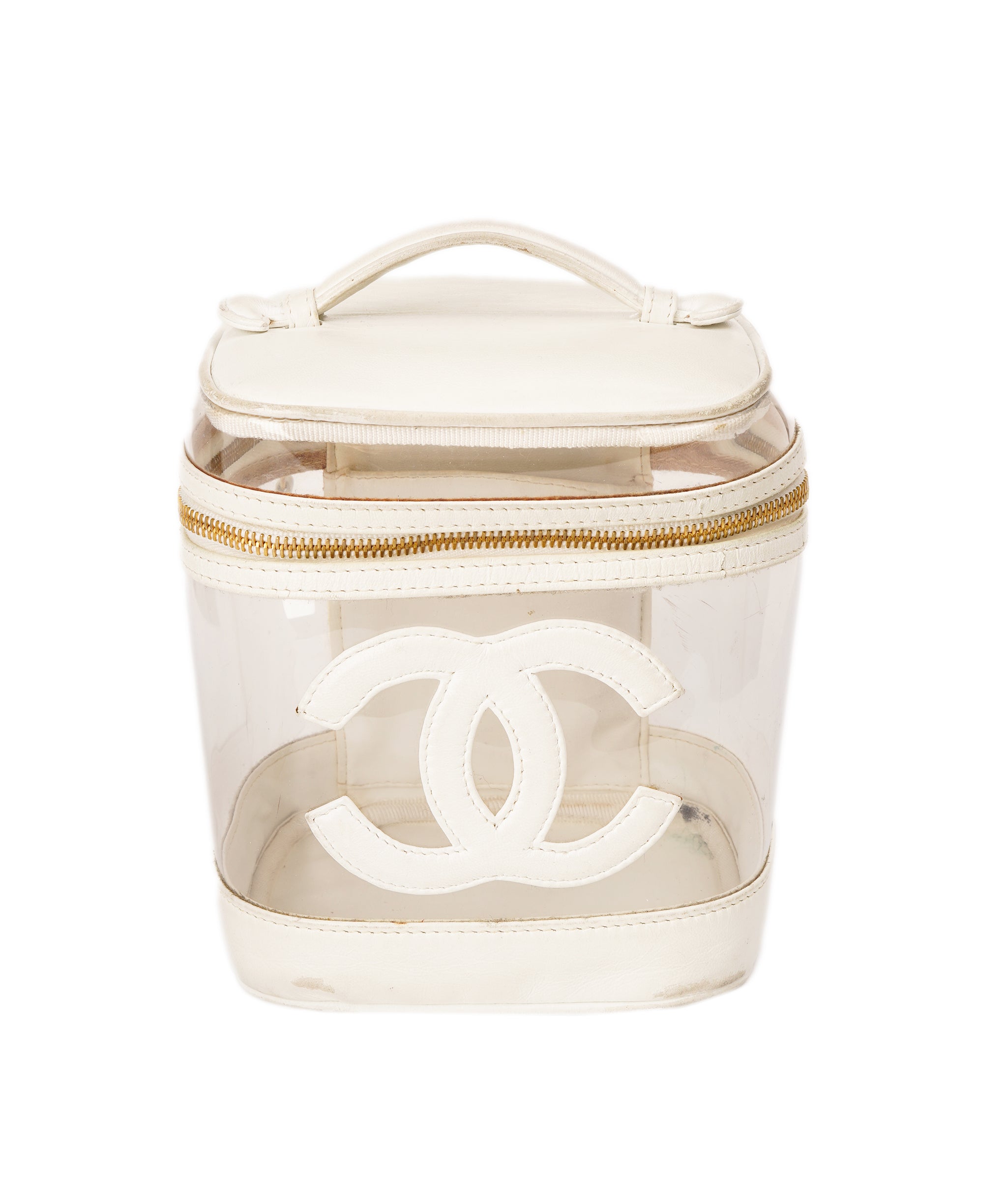 CHANEL COCO Mark Vanity Pouch Vinyl White Gold CC Auth am6835 DBXS1633