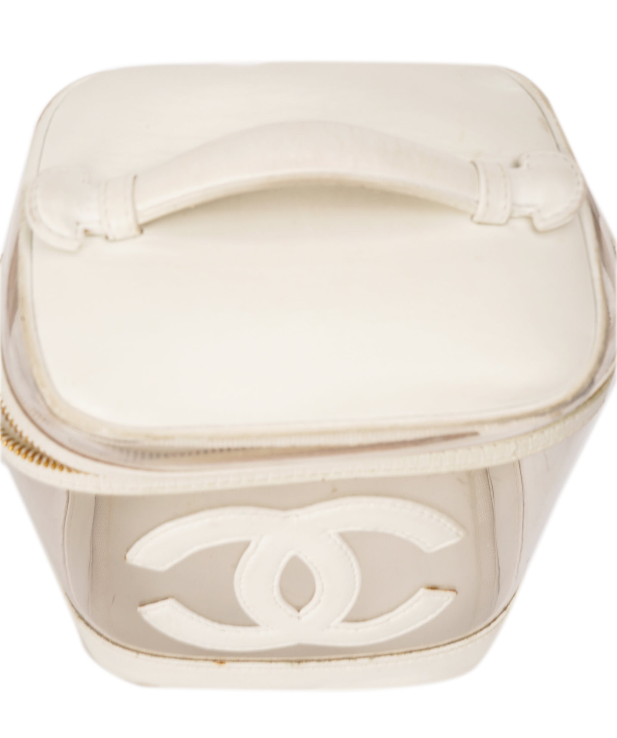 CHANEL COCO Mark Vanity Pouch Vinyl White Gold CC Auth am6835 DBXS1633