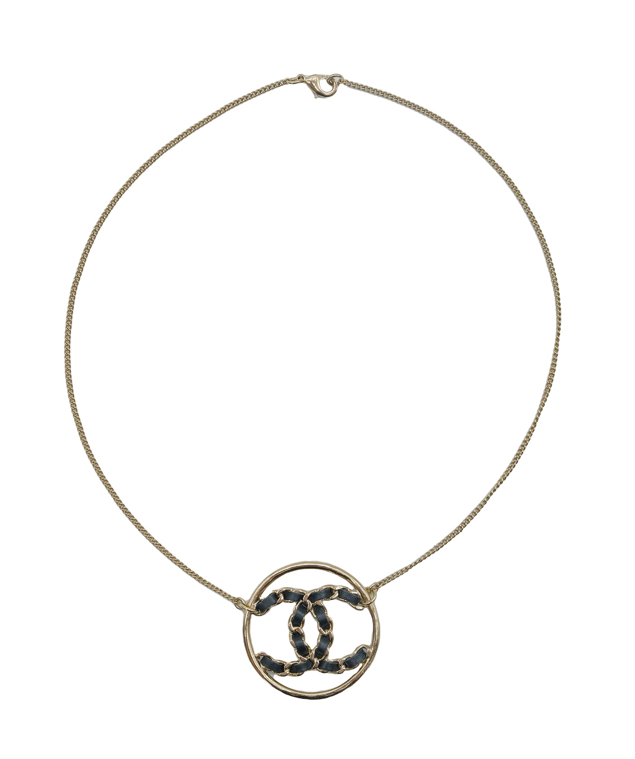 Chanel CC Circle Necklace Gold Metal Leather ASC5314