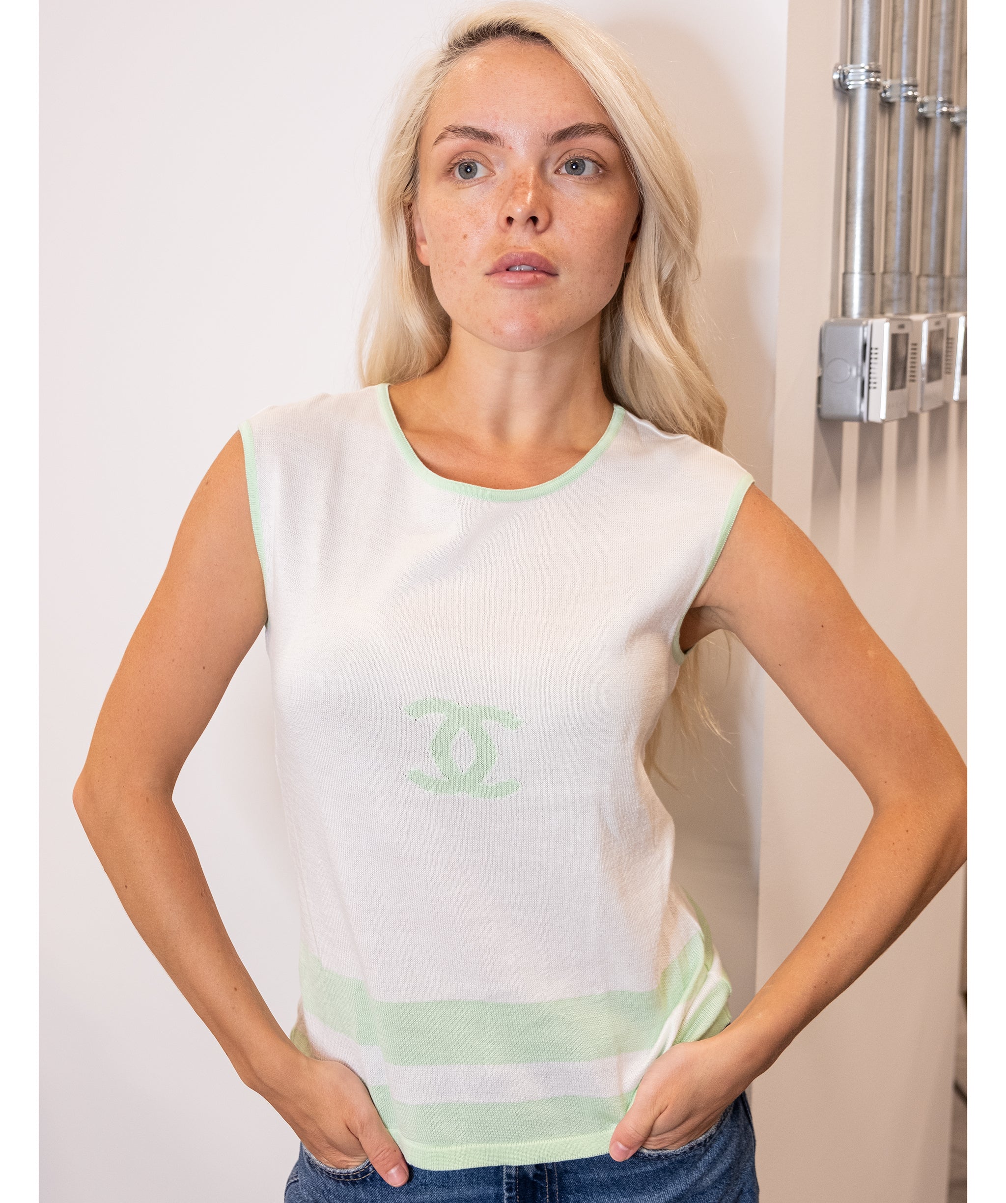 Chanel CC knit Tank Top White Green  DXBS0200