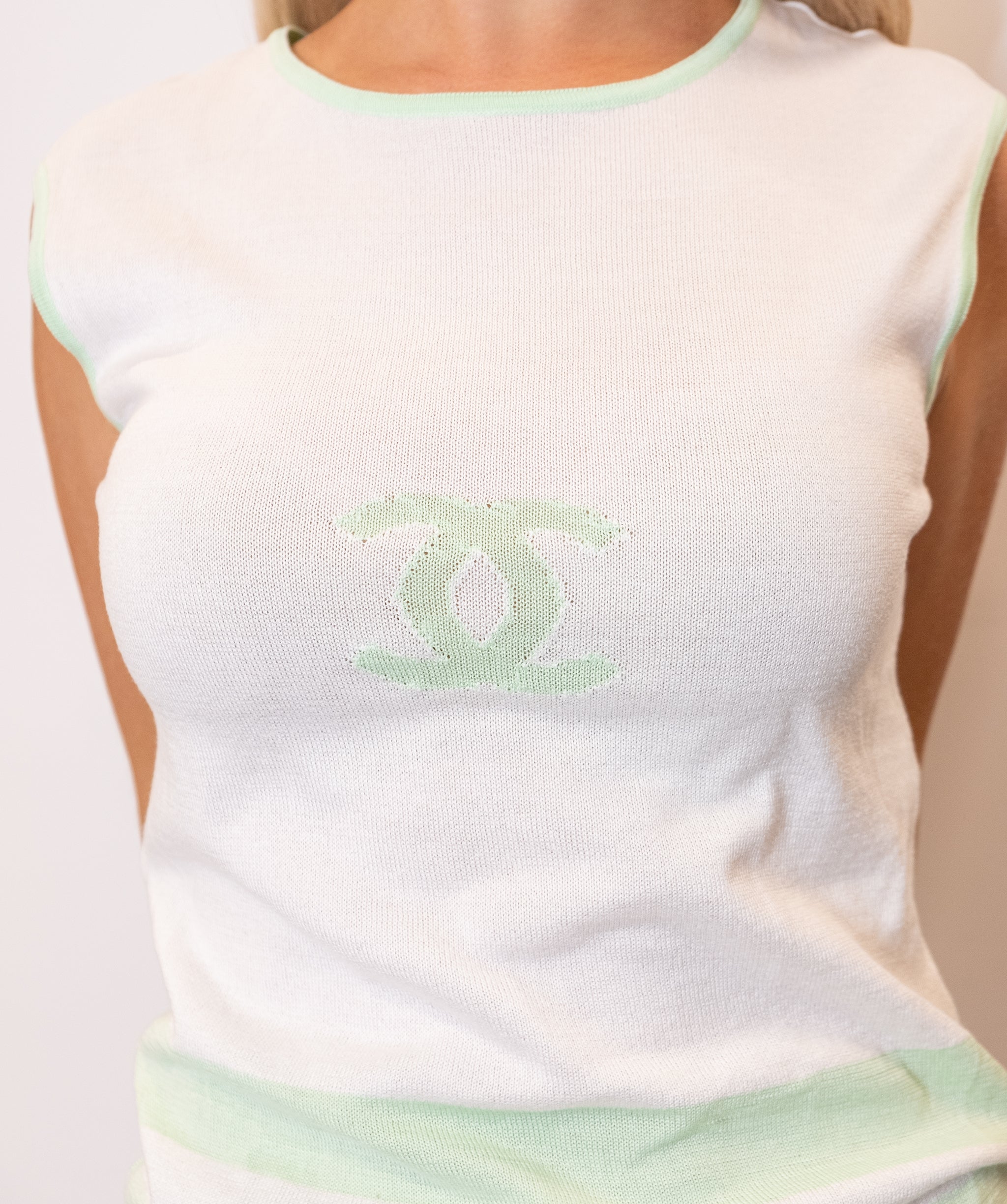 Chanel CC knit Tank Top White Green  DXBS0200