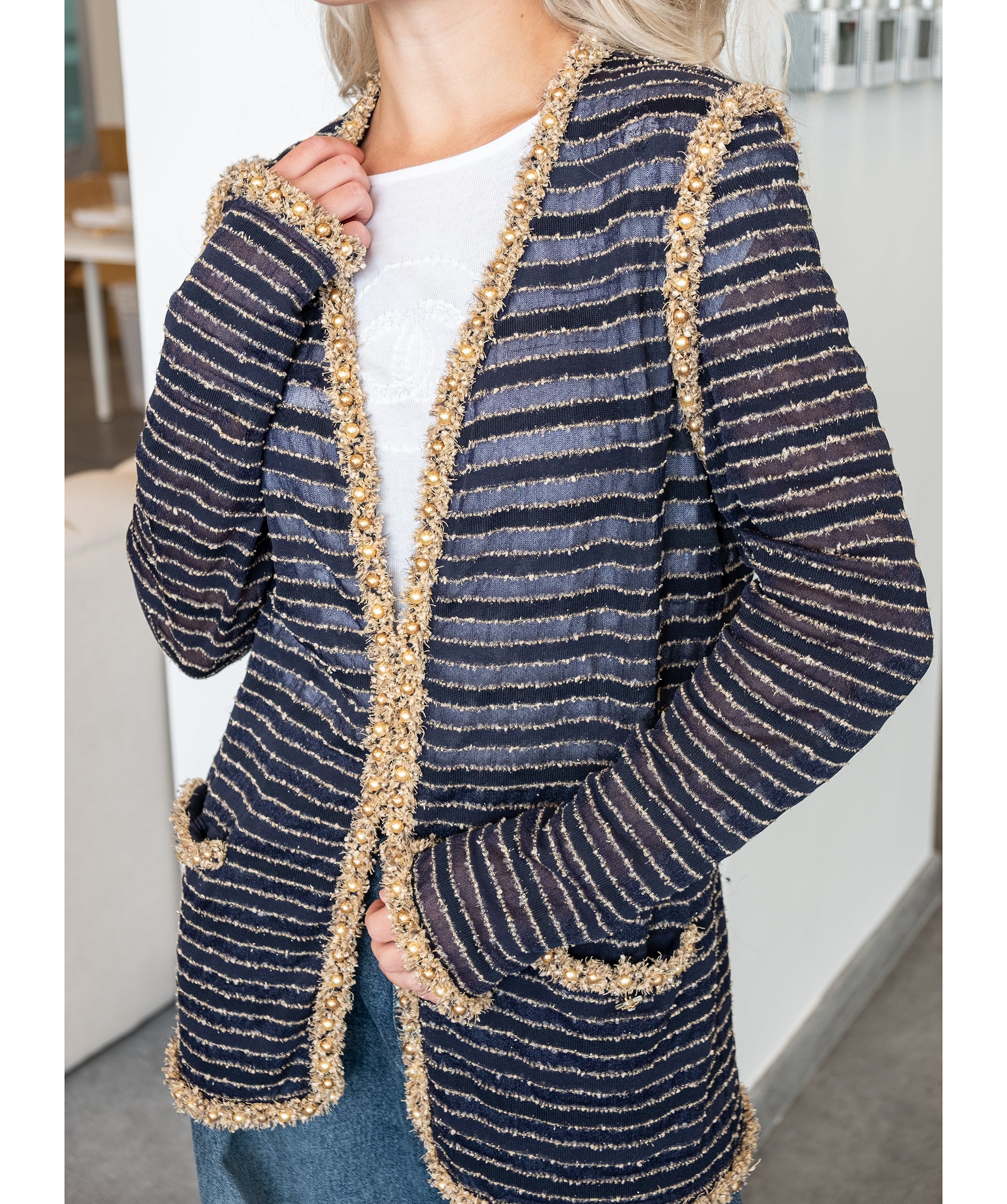 Chanel Stripe Cardigan with Gold Embellished Detailing - RJC3139