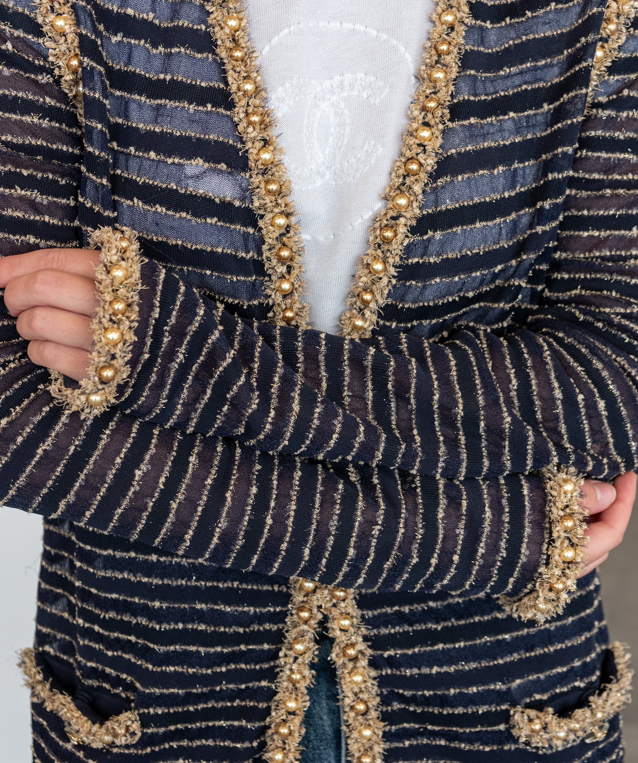 Chanel Stripe Cardigan with Gold Embellished Detailing - RJC3139