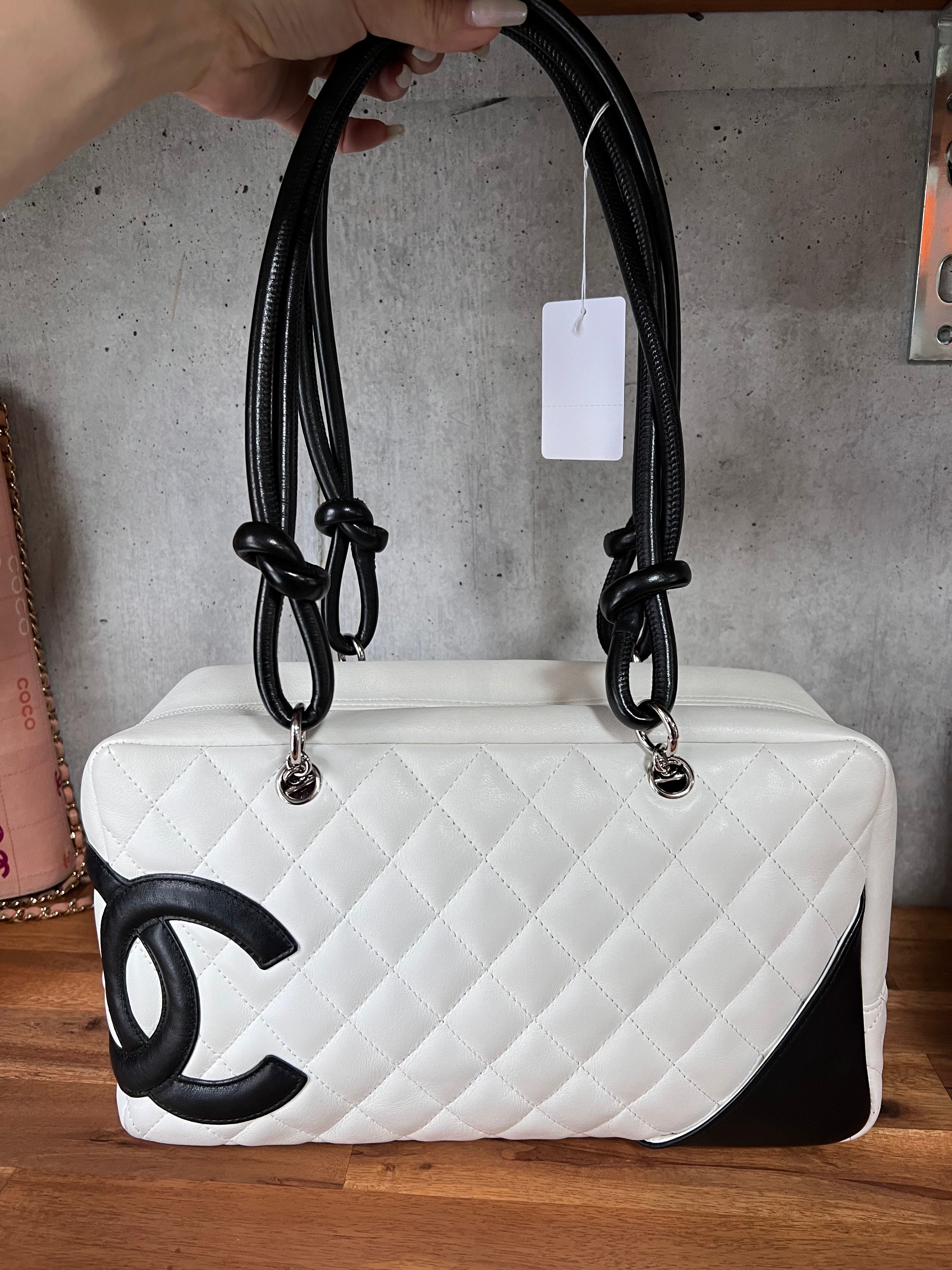 Chanel Vintage Cambon Bowler White / Black Logo Lambskin #9 #121304