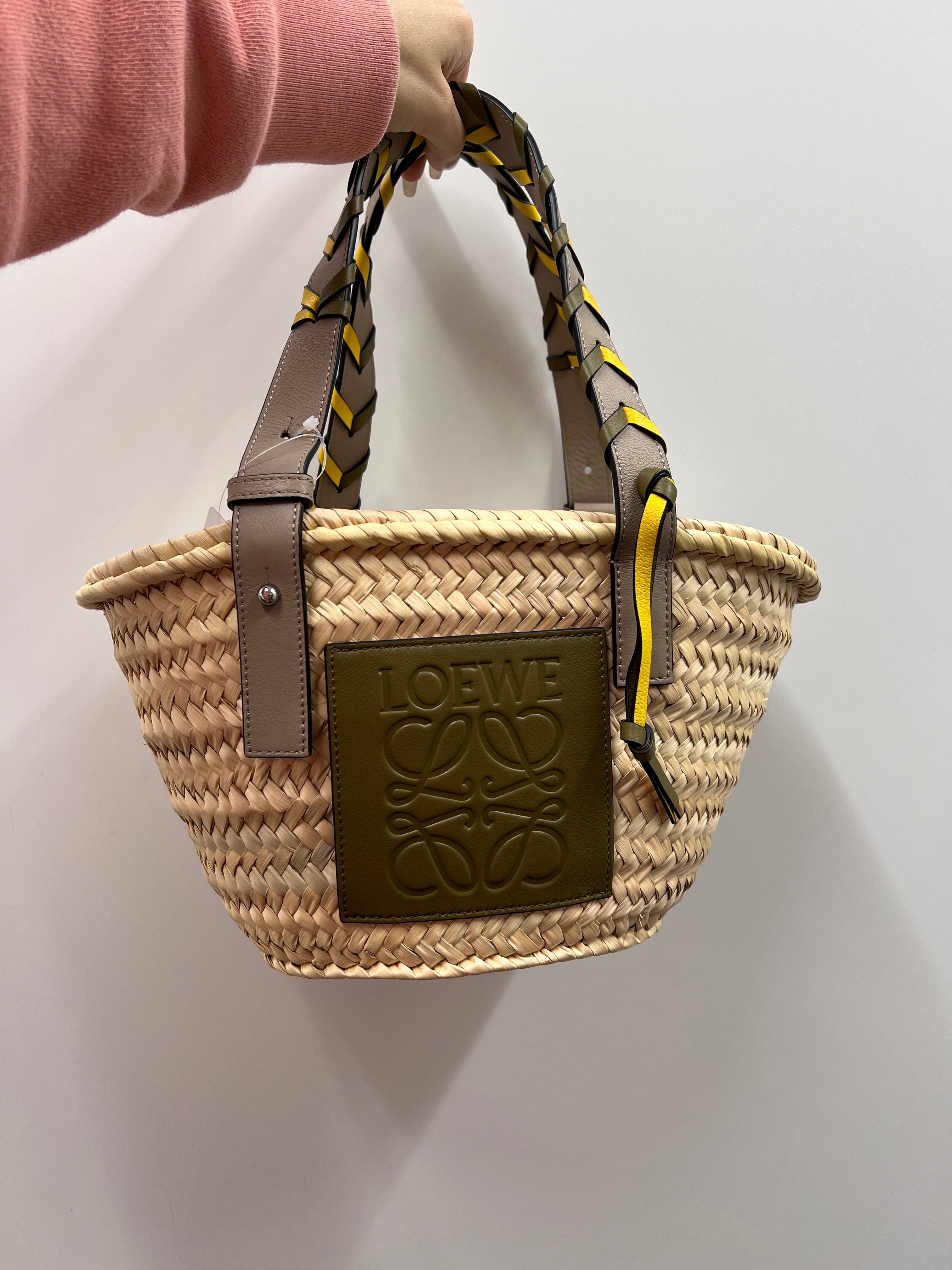 LOEWE Basket Bag Raffia/Leather Khaki/Yellow B1104EZ4JY