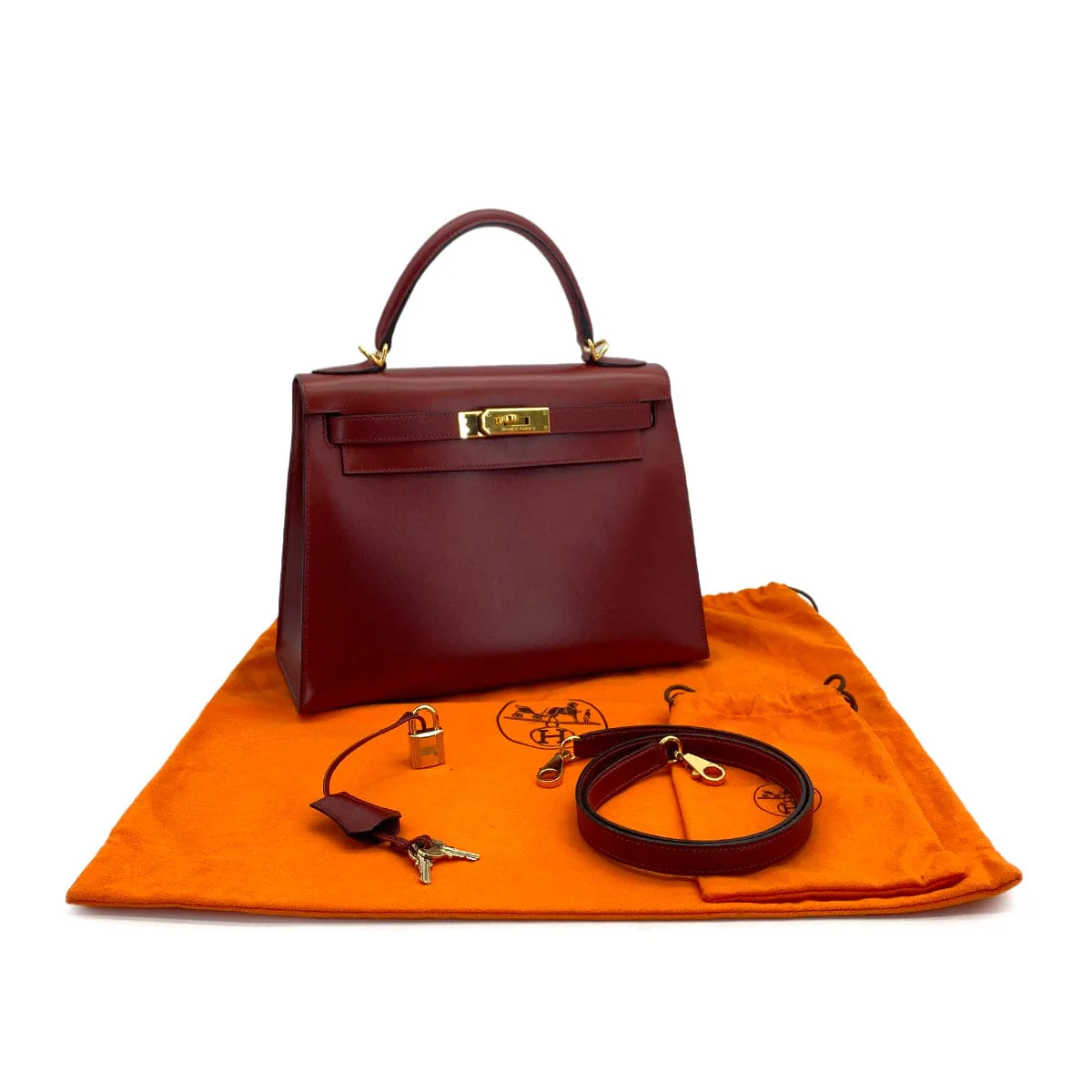 HERMES KELLY 28 SELLIER ROUGE H BOXCALF HAND SHOULDER BAG 2002 SQUARE F GOLD HARDWARE 90324446