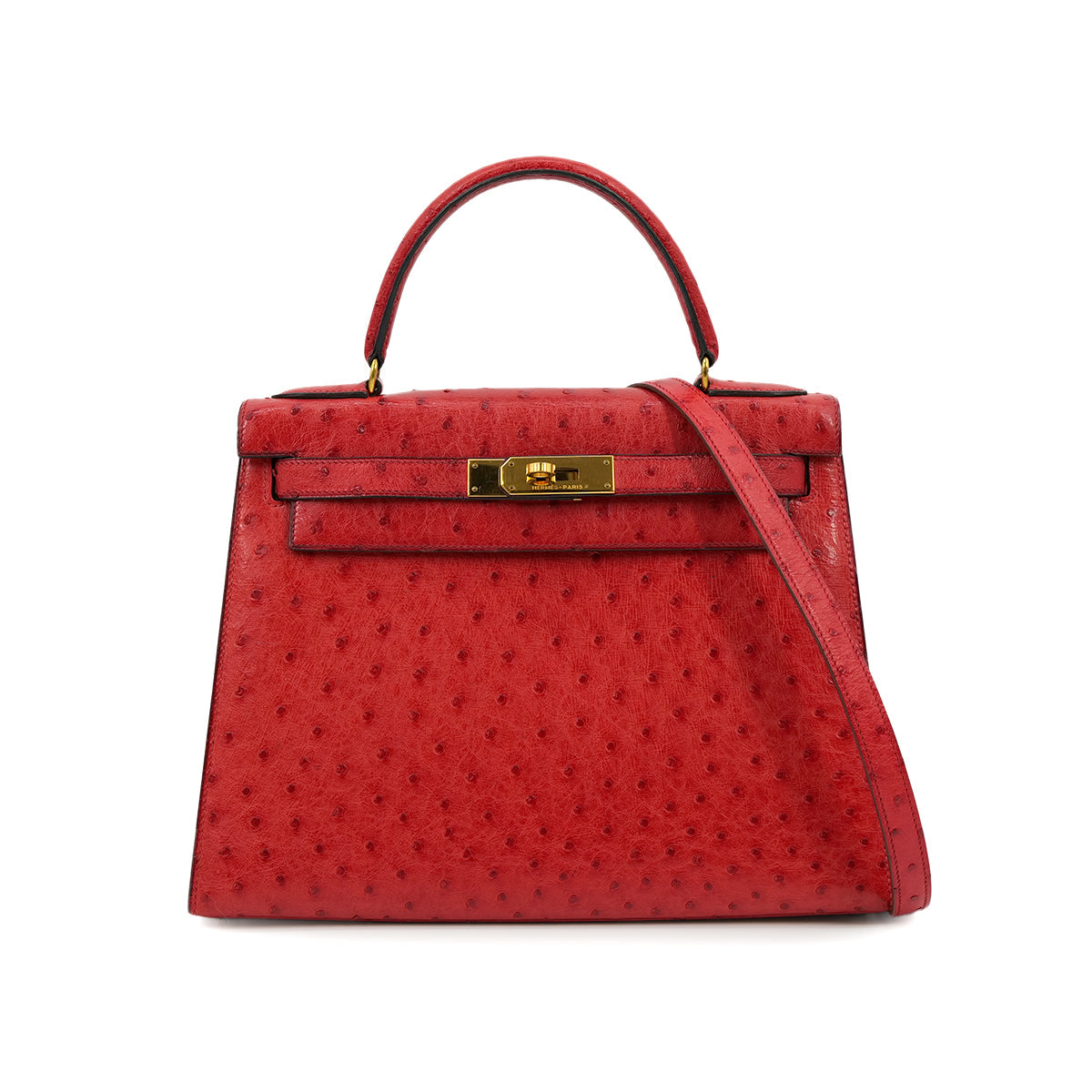 HERMES KELLY 28 SELLIER ROUGE VIF OSTRICH HAND SHOULDER BAG 1989 CIRCLE S GOLD HARDWA  SAB0001