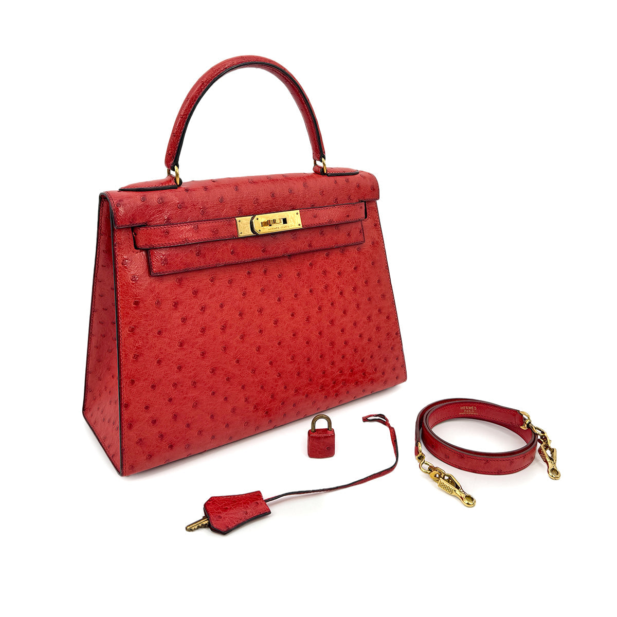 HERMES KELLY 28 SELLIER ROUGE VIF OSTRICH HAND SHOULDER BAG 1989 CIRCLE S GOLD HARDWA SAB0001