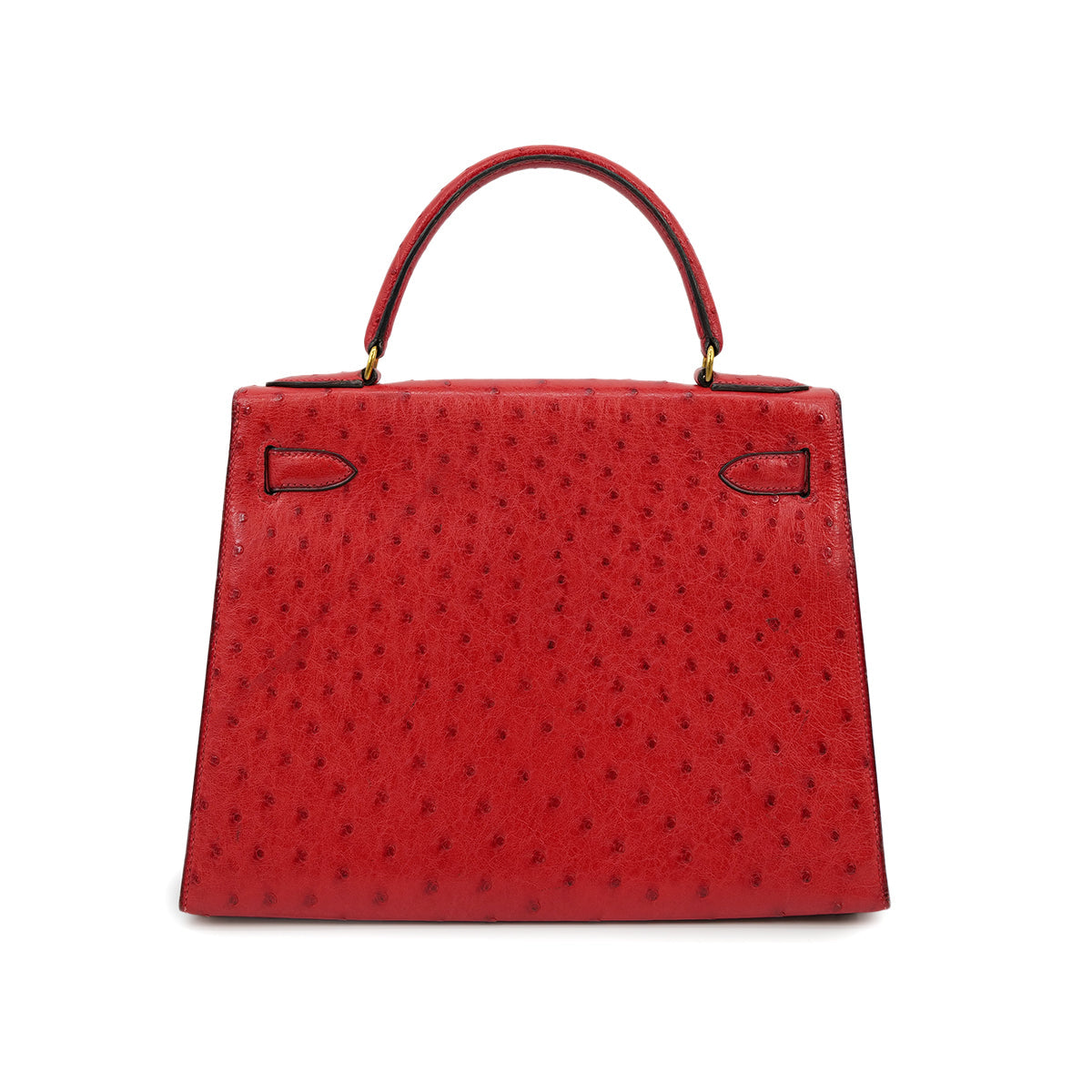 HERMES KELLY 28 SELLIER ROUGE VIF OSTRICH HAND SHOULDER BAG 1989 CIRCLE S GOLD HARDWA  SAB0001
