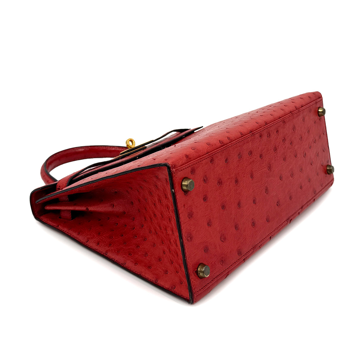 HERMES KELLY 28 SELLIER ROUGE VIF OSTRICH HAND SHOULDER BAG 1989 CIRCLE S GOLD HARDWA  SAB0001