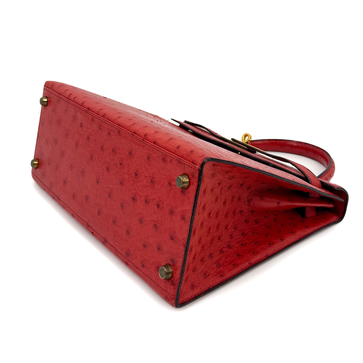 HERMES KELLY 28 SELLIER ROUGE VIF OSTRICH HAND SHOULDER BAG 1989 CIRCLE S GOLD HARDWA SAB0001