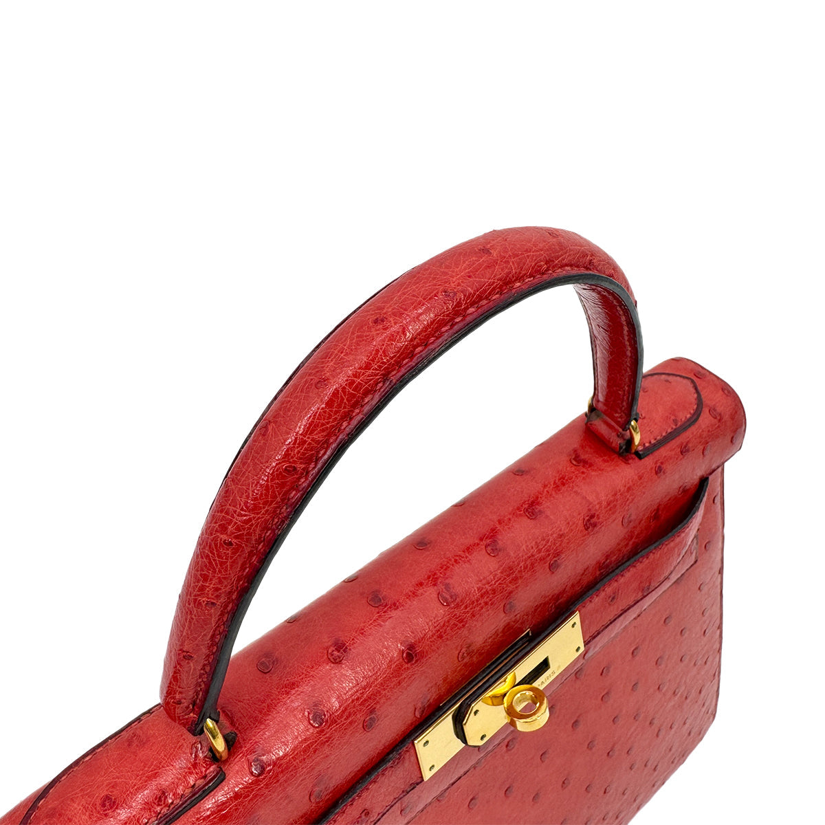 HERMES KELLY 28 SELLIER ROUGE VIF OSTRICH HAND SHOULDER BAG 1989 CIRCLE S GOLD HARDWA  SAB0001